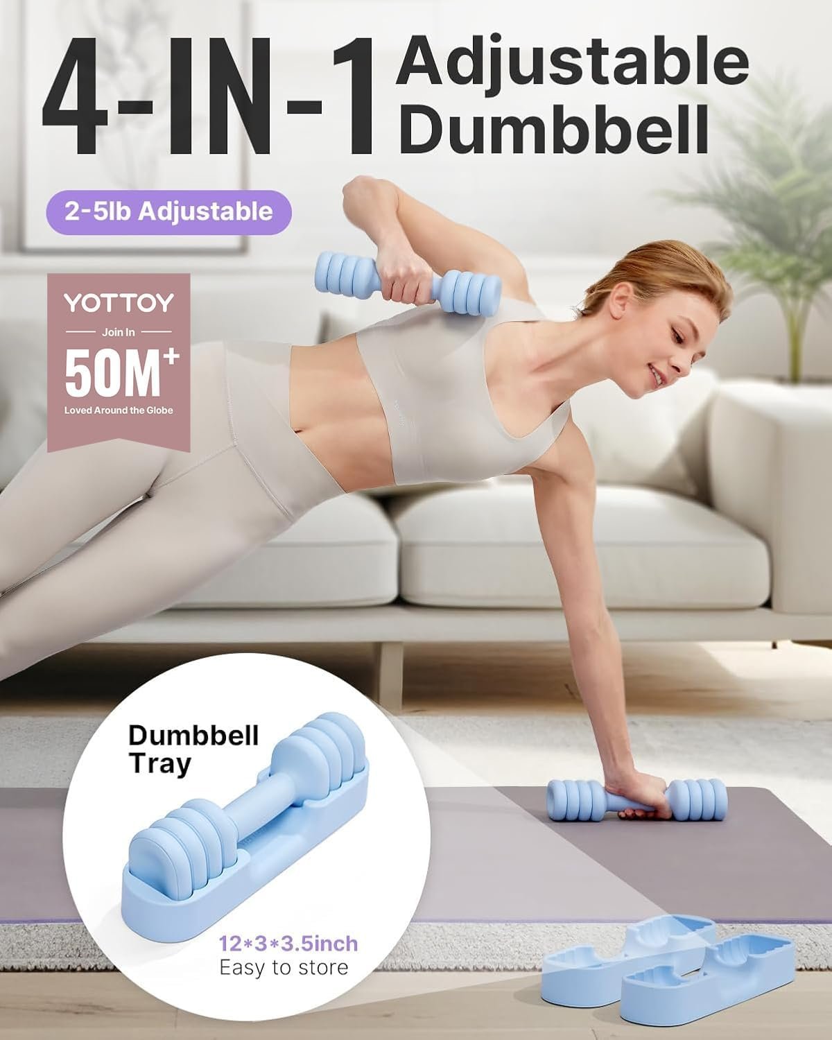 YOTTOY Adjustable Dumbbell Set of 2, 4-in-1 Hand Weights for Women at Home, Compact Free Weights Dumbbells Set with Soft Grip and Base, 2-5 lbs Each for Home Gym - Image 2