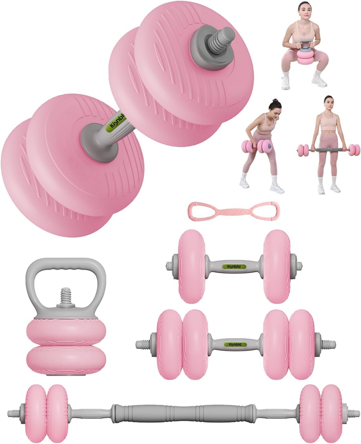 kisnbld Adjustable Dumbbell Set, 4-in-1 Dumbbell, Kettlebell, Barbell&Plate