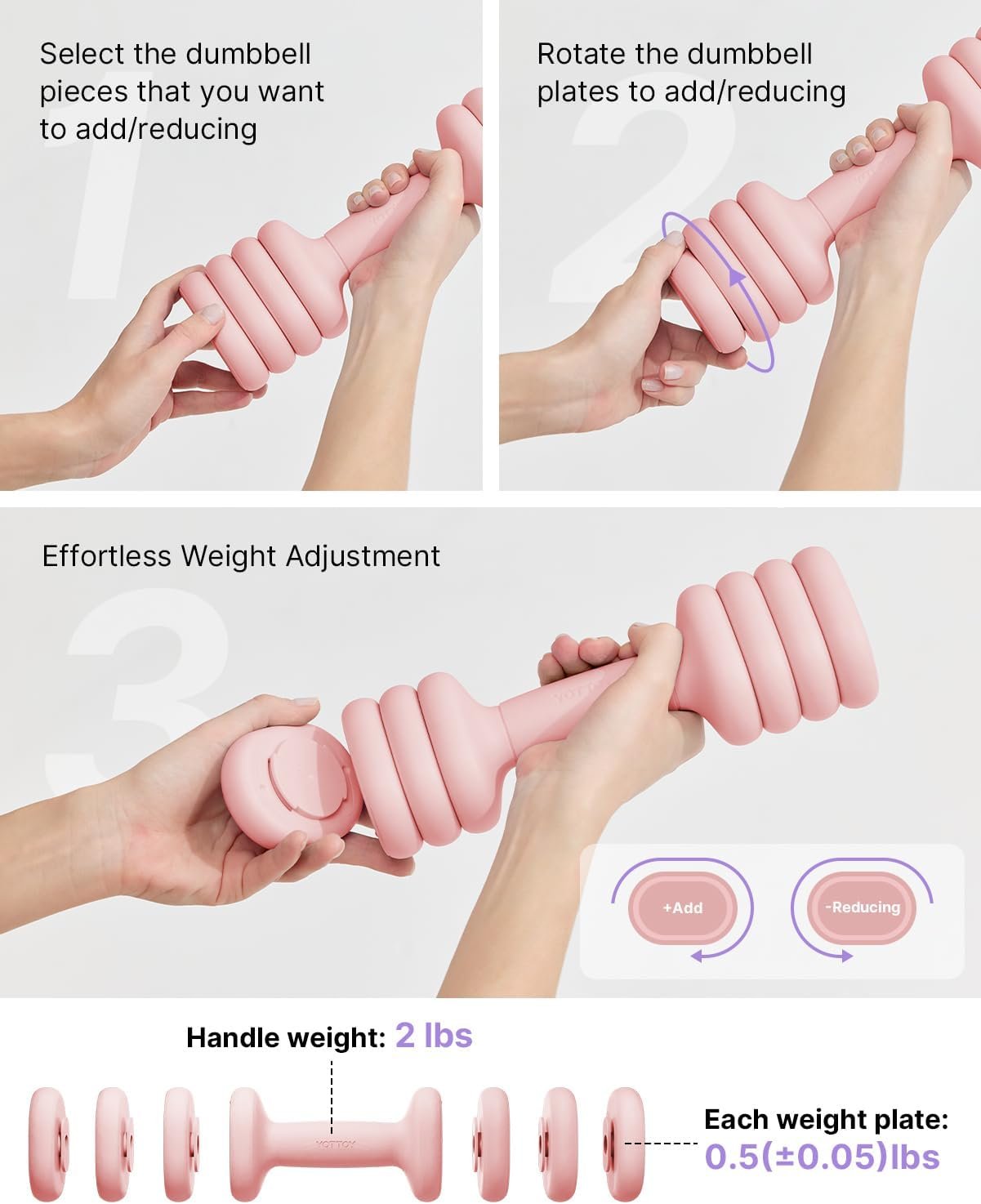 YOTTOY Adjustable Dumbbell Set of 2, 4-in-1 Hand Weights for Women at Home, Compact Free Weights Dumbbells Set with Soft Grip and Base, 2-5 lbs Each for Home Gym - Image 3