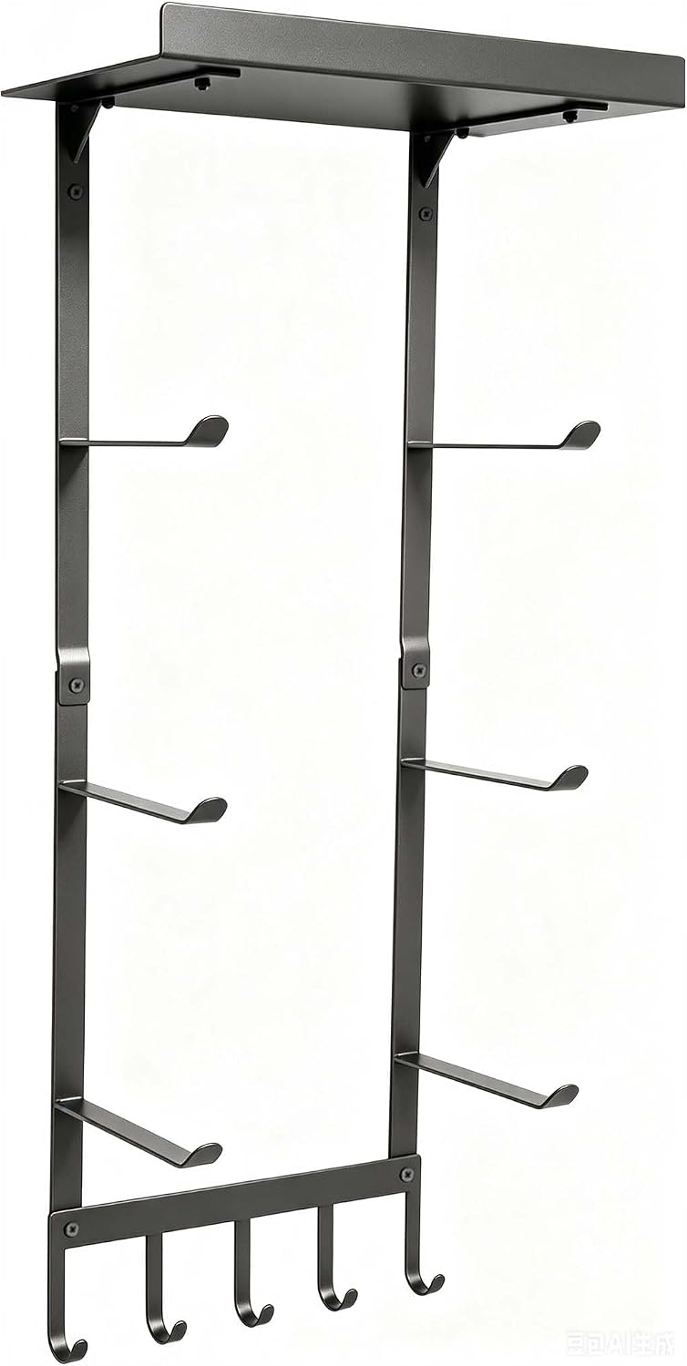 Yoga Mat Holder Wall Mount, Home Gym Storage Rack with Top Floating Shelf, 4-Tiers Holding Yoga Mat/ Blocks/ Rollers and Decorations, 5 Hooks for Resistance Bands, Skipping-Rope, Small Gym Equipment - Image 6