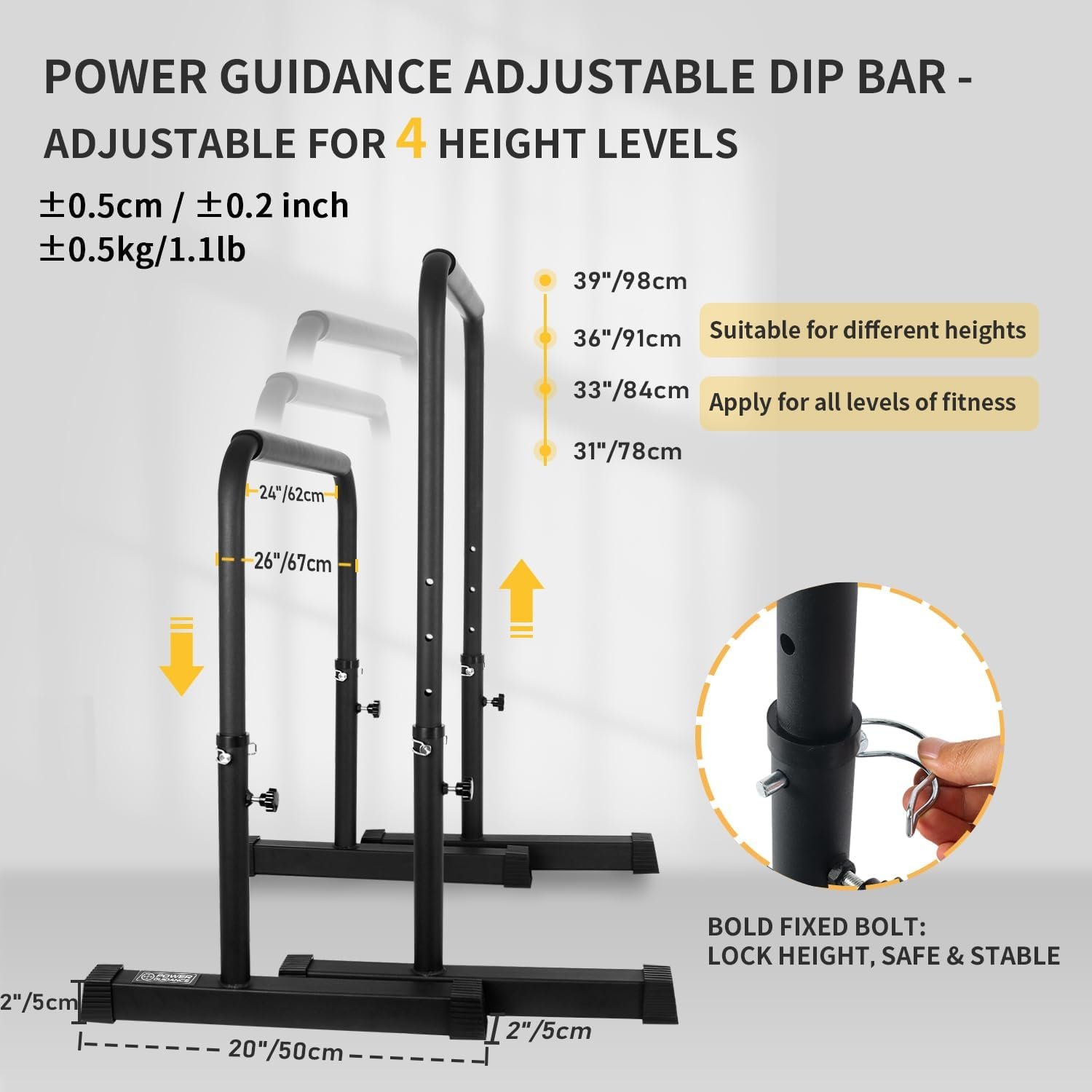 POWER GUIDANCE Dip Bar, Dip Stand Station for Full Body Strength Training, Adjustable Height 30Inches - 38.6Inched, 3 Colors Available - Image 2