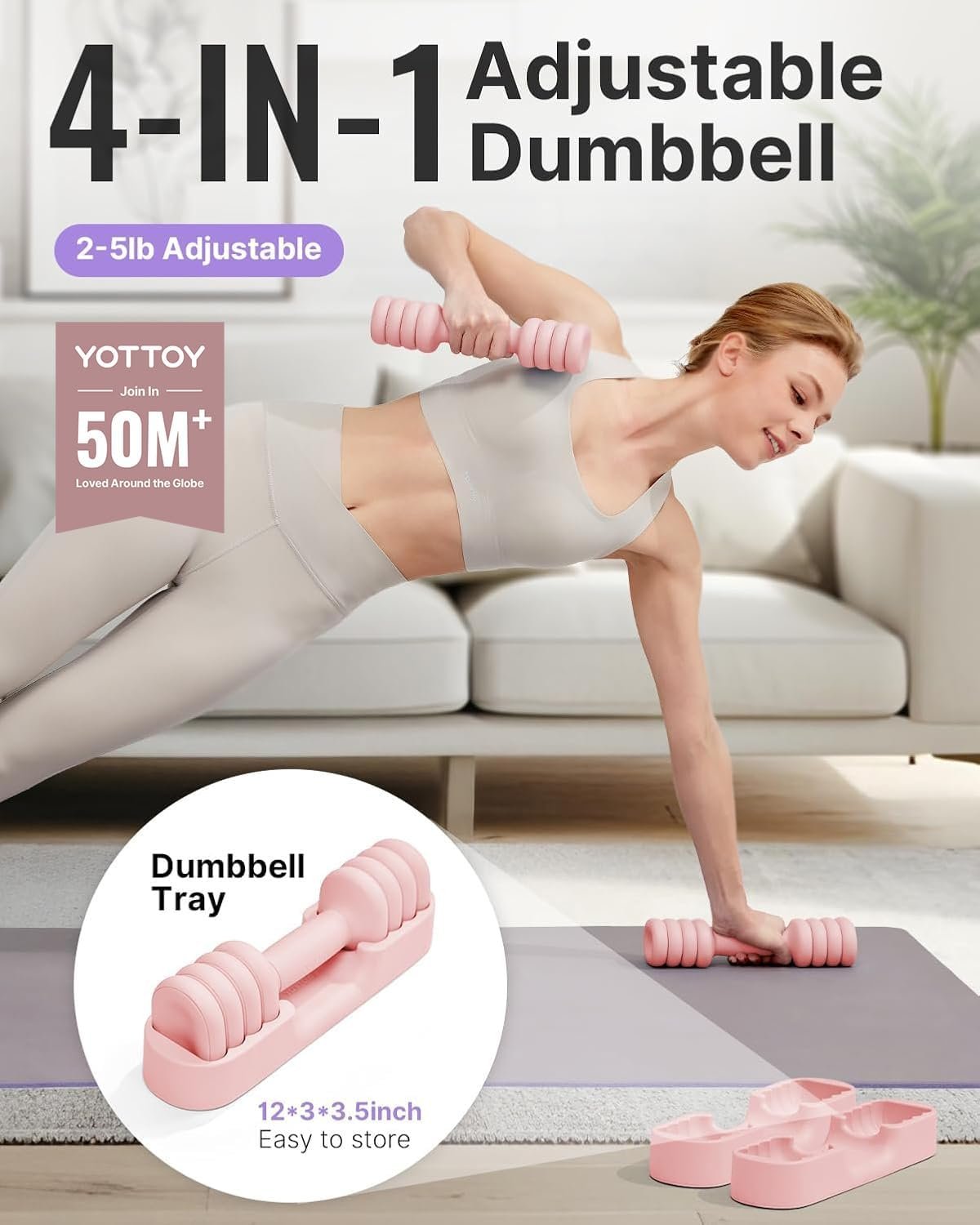 YOTTOY Adjustable Dumbbell Set of 2, 4-in-1 Hand Weights for Women at Home, Compact Free Weights Dumbbells Set with Soft Grip and Base, 2-5 lbs Each for Home Gym - Image 2