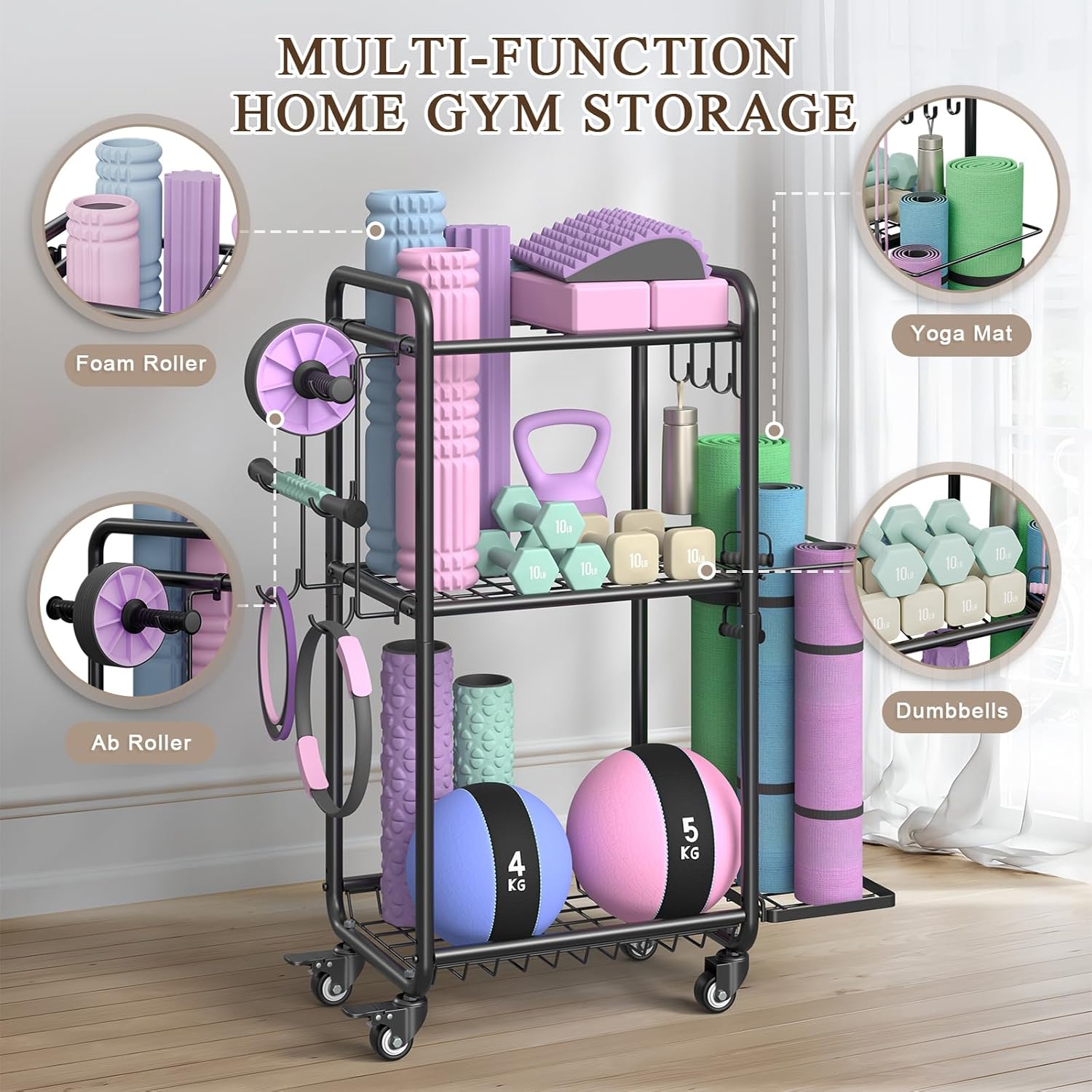 Multi-Functional Home Gym Storage Rack with Wheels and Hooks - Image 8