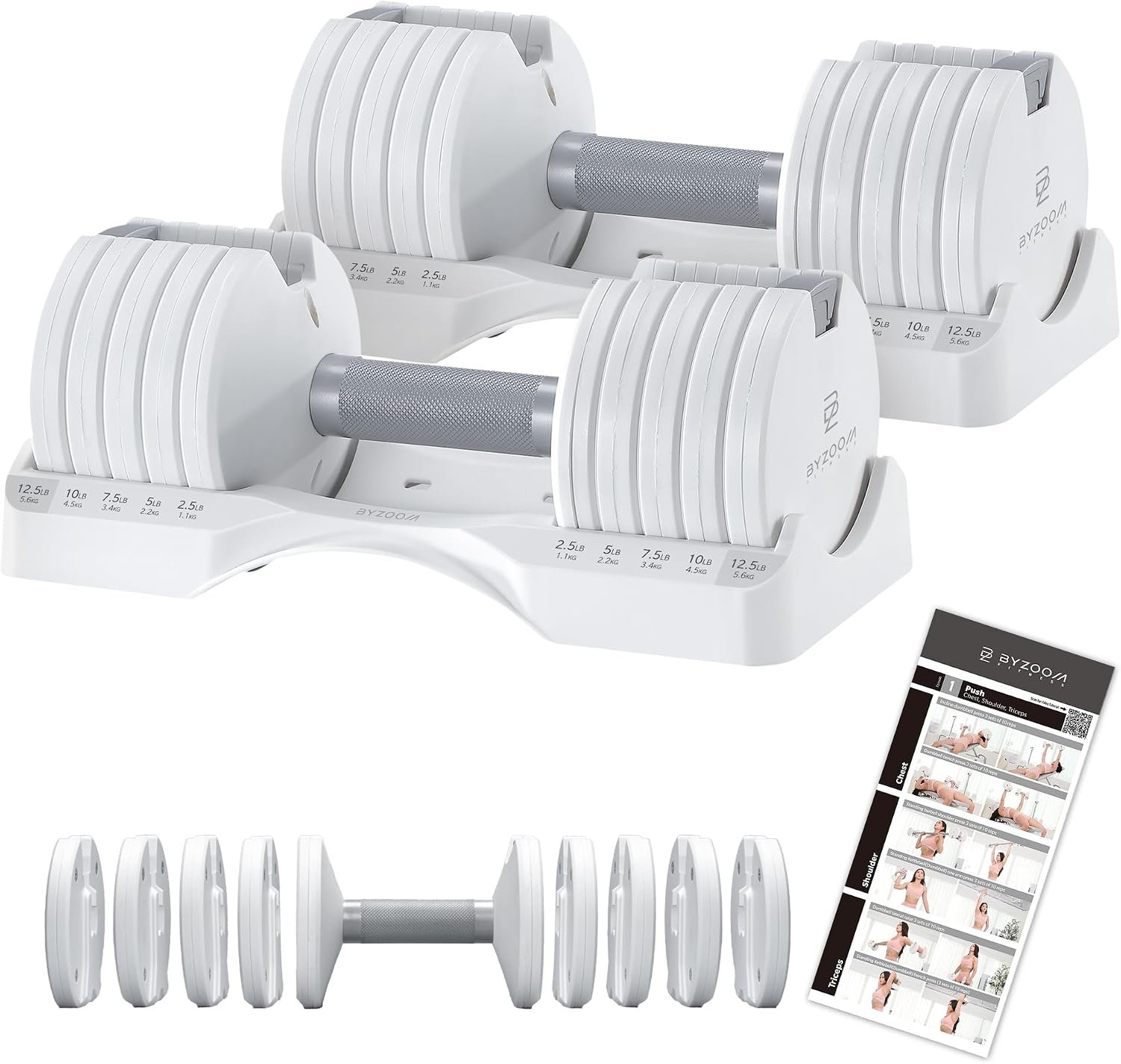 BYZOOM FITNESS Pure Series Adjustable Dumbbell - 12.5/25/27.5/50/55/75lb - ONE UNIT OR PAIR(check QTY before purchase) - 5-in-1/ 10-in-1 / 15-in-1 / 21-in-1 Flexible Hand Weights for Home Apartment Garage Gym, Strength Training & Fitness Workouts, White OR Black