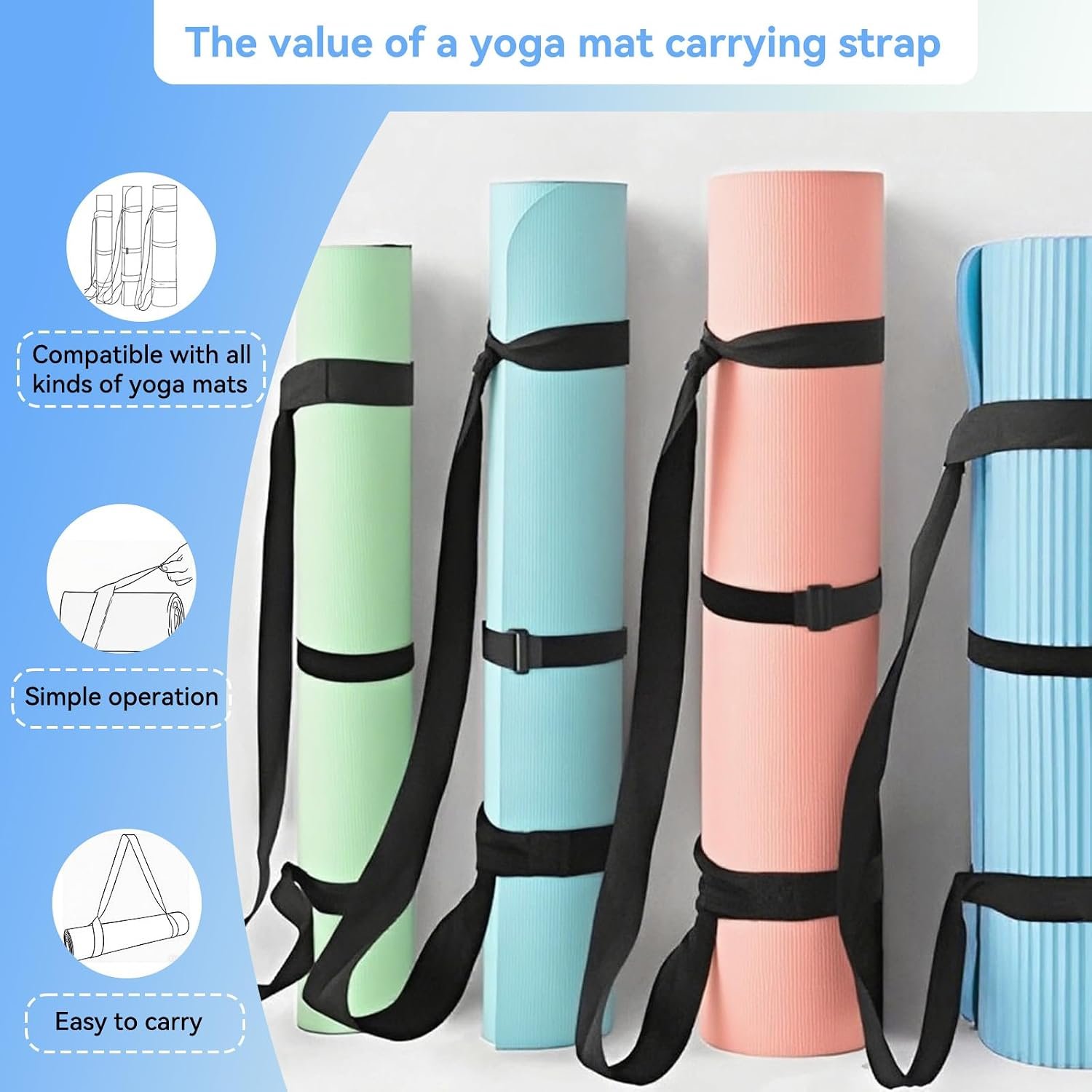 Adjustable Yoga Mat Strap Carrier, Thick Wide Yoga Mat Holder with Hook-and-loop fastener for yoga enthusiast, Travel Gym, Black Non-Slip Yoga Straps for Carrying Mats - Image 7