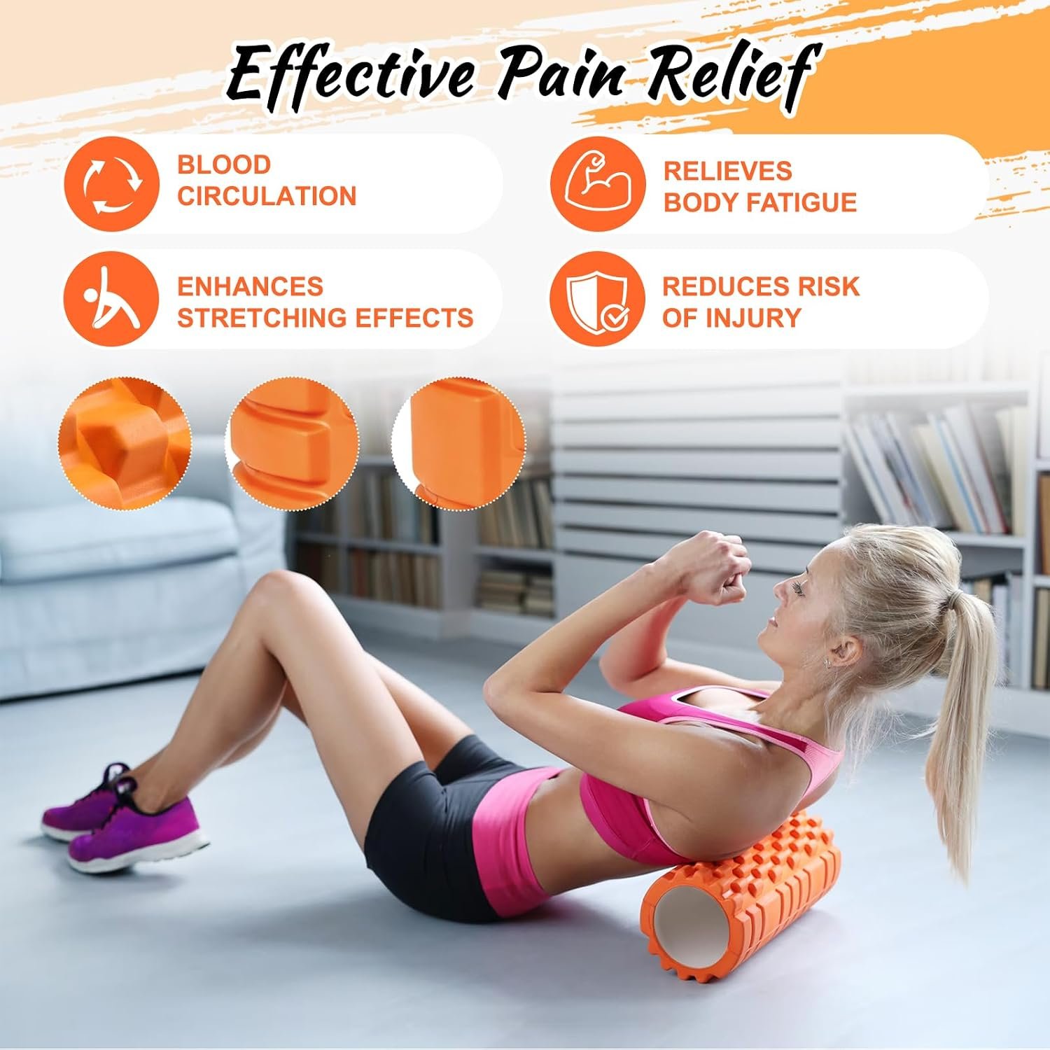 Aucuu 6 in 1 Foam Roller Set Includes Hollow Core Massage Roller, Yoga Stick, Massage Ball, Fitness Stretching Strap, Carrying Bag, Towel, Massage Roller (Orange) - Image 3