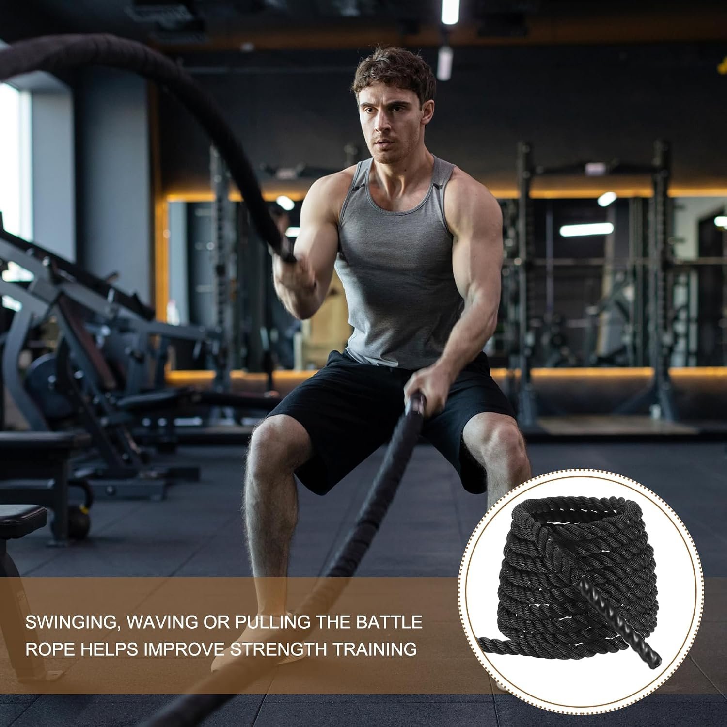 MECCANIXITY Battle Rope 50ft x 1 Inch Polyester Workout Rope Heavy Fitness Exercise Rope for Strength Training Home Gym Muscle Building, Black - Image 4