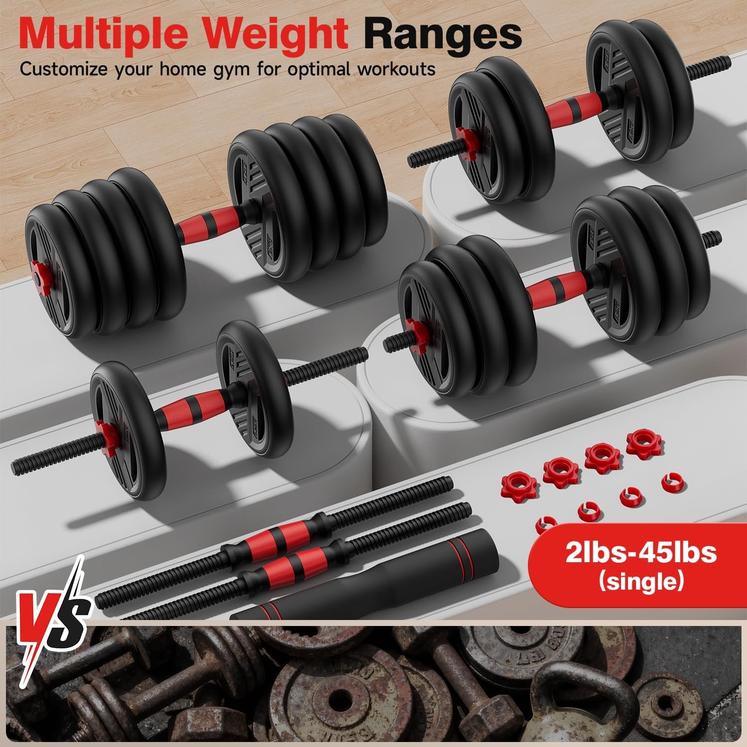 Adjustable Dumbbell Set, 20/30/45/70/90lbs Free Weight Set With Double Locknut, 5-in-1 Dumbbells Set Includes Barbell, Kettlebells, Push up Stand, Weight Plate, Fitness Exercise for Home Gym Suitable Men/Women - Image 3