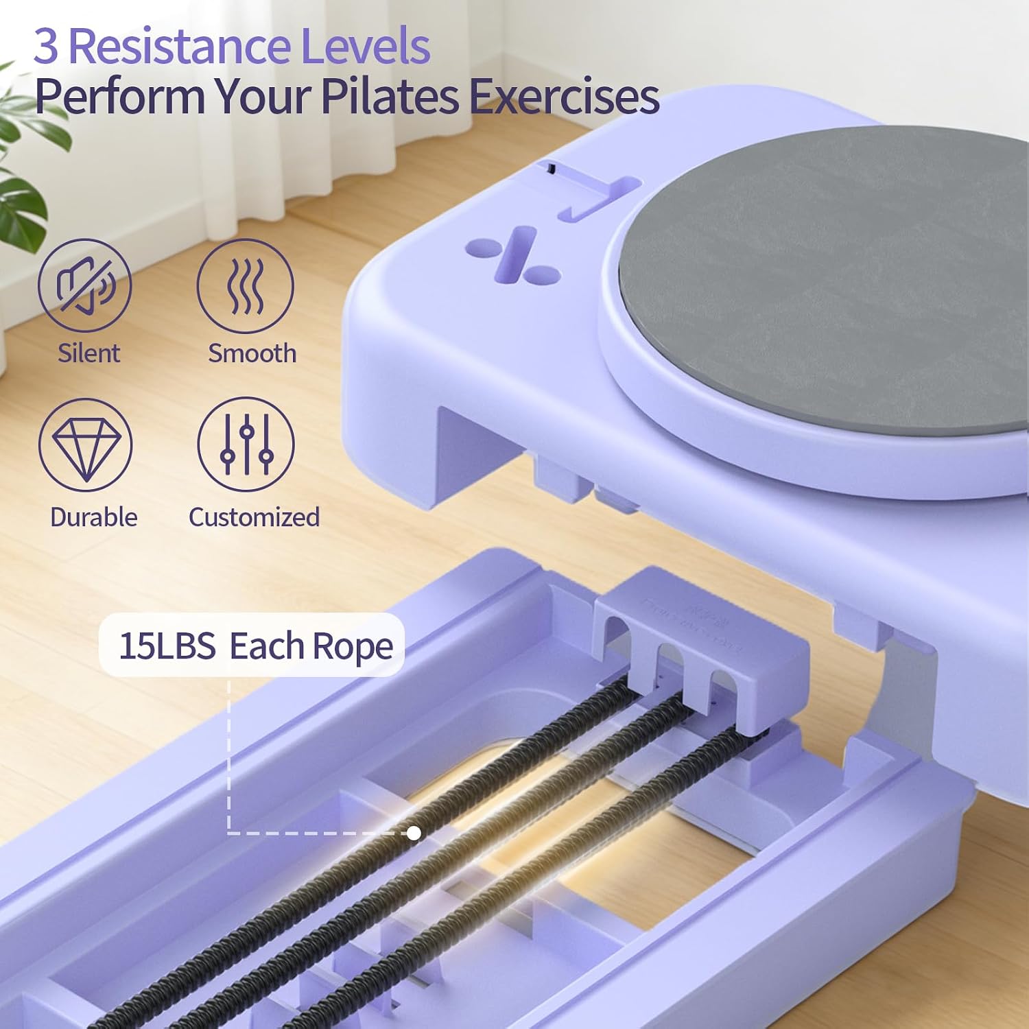 Pilates Reformer Board with 3 Adjustable Resistance, 60'' Foldable & Portable Pilates Machine for Home Use, Tool-Free Assembly, Includes Storage Box and 3 Yoga Socks (Purple) - Image 3