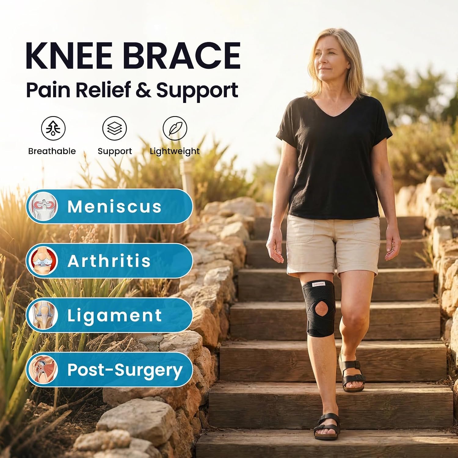 Galvaran Knee Brace with Side Stabilizers for Meniscal Tear Knee Pain ACL MCL Arthritis Injuries Recovery, Breathable Adjustable Knee Support for Men and Women - Image 2