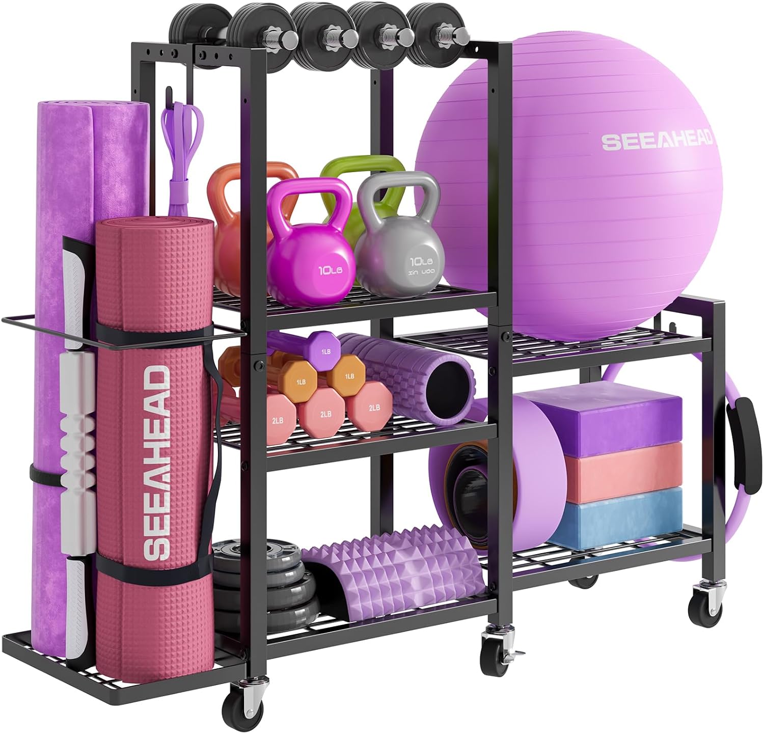 6Tier Rolling Home Gym Storage, Multi-Purpose Dumbbell Weight Rack