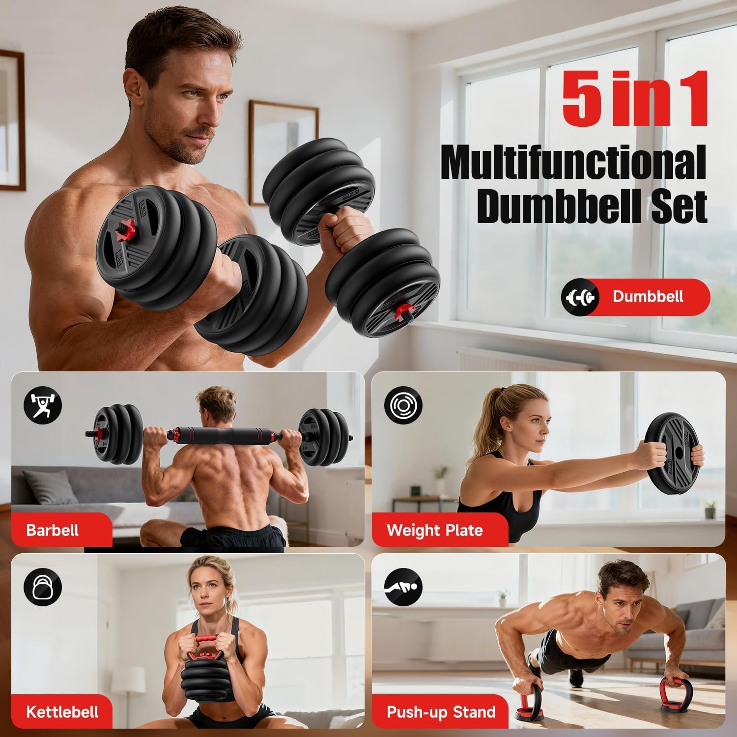 Adjustable Dumbbell Set, 20/30/45/70/90lbs Free Weight Set With Double Locknut, 5-in-1 Dumbbells Set Includes Barbell, Kettlebells, Push up Stand, Weight Plate, Fitness Exercise for Home Gym Suitable Men/Women - Image 2