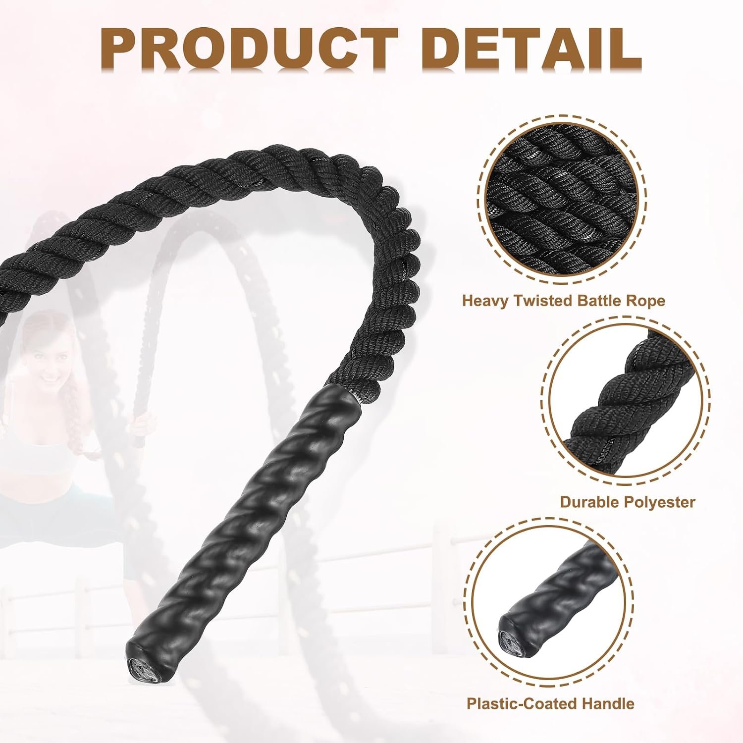 MECCANIXITY Battle Rope 50ft x 1 Inch Polyester Workout Rope Heavy Fitness Exercise Rope for Strength Training Home Gym Muscle Building, Black - Image 3