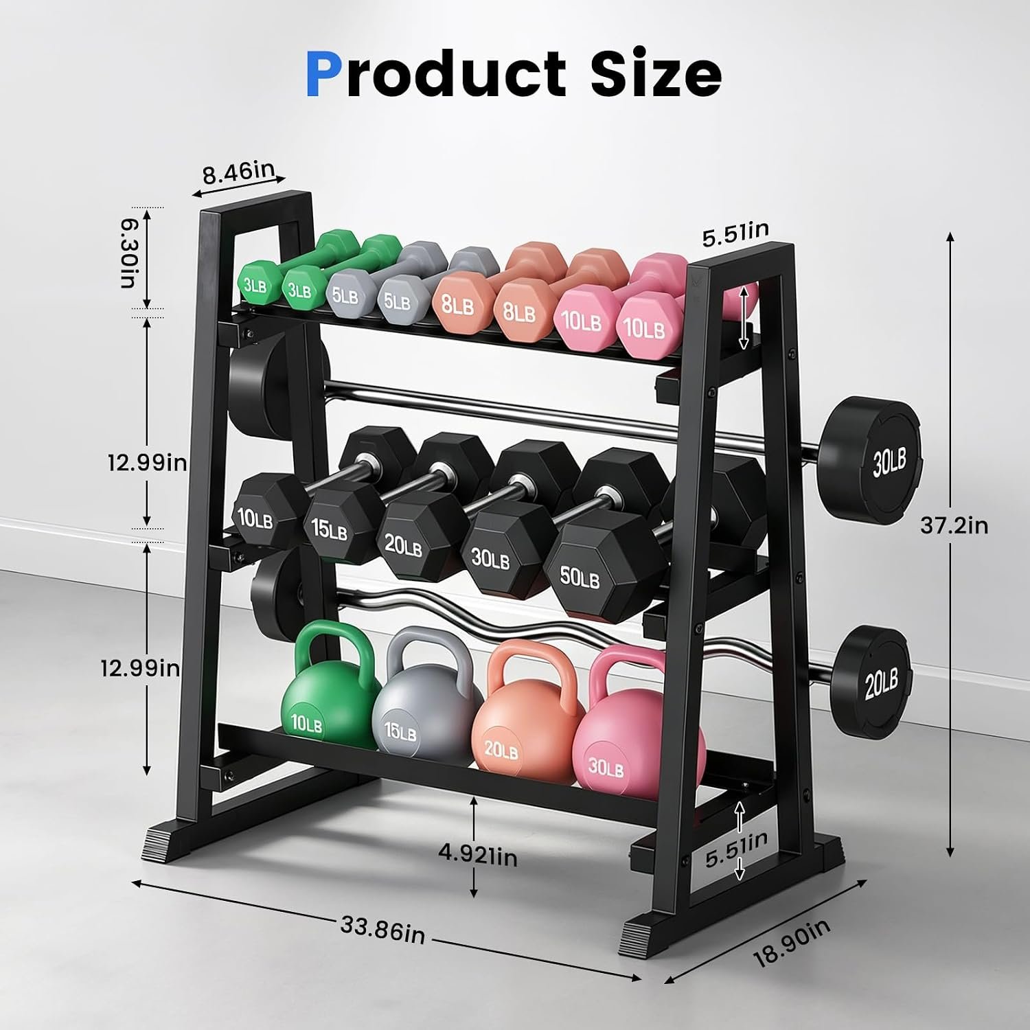 3 Tier Adjustable Dumbbell Rack, 1300LB Capacity Heavy Duty Weight Rack for Home Gym, Space-Saving Steel Kettlebell Rack for Dumbbells, Kettlebells, Barbells & Weight Plates (Rack Only) - Image 2