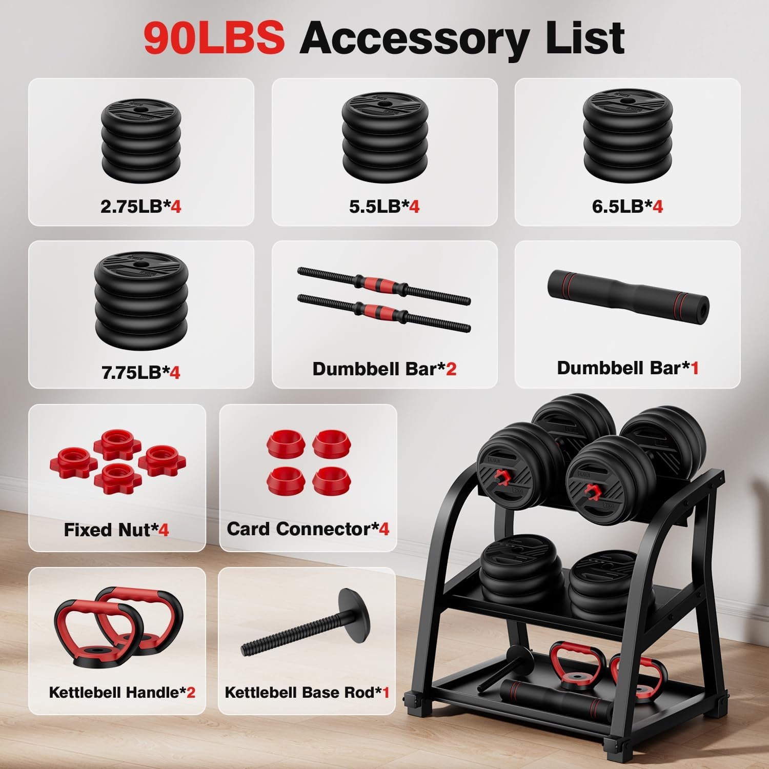 Adjustable Dumbbell Set, 20/30/45/70/90lbs Free Weight Set With Double Locknut, 5-in-1 Dumbbells Set Includes Barbell, Kettlebells, Push up Stand, Weight Plate, Fitness Exercise for Home Gym Suitable Men/Women - Image 8