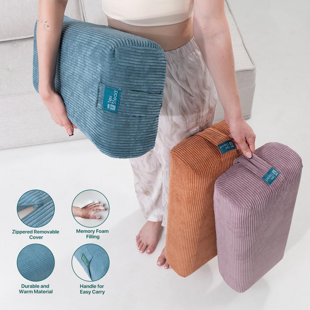 Yoga Bolster Pillow for Meditation and Support - Rectangular Foam Cushion with Removable Corduroy Cover, Machine Washable Suede-like Pillowcase & Convenient Carry Handles for Women Blue 1PC - Image 7