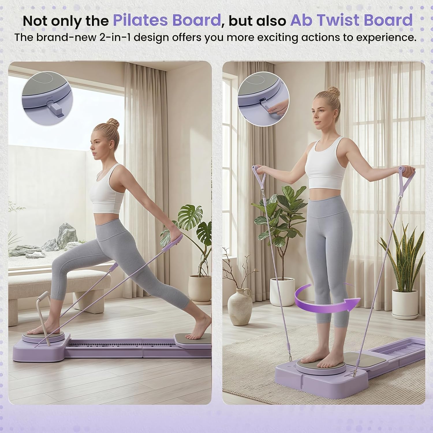Pilates Reformer Board with 3 Adjustable Resistance, 60'' Foldable & Portable Pilates Machine for Home Use, Tool-Free Assembly, Includes Storage Box and 3 Yoga Socks (Purple) - Image 7