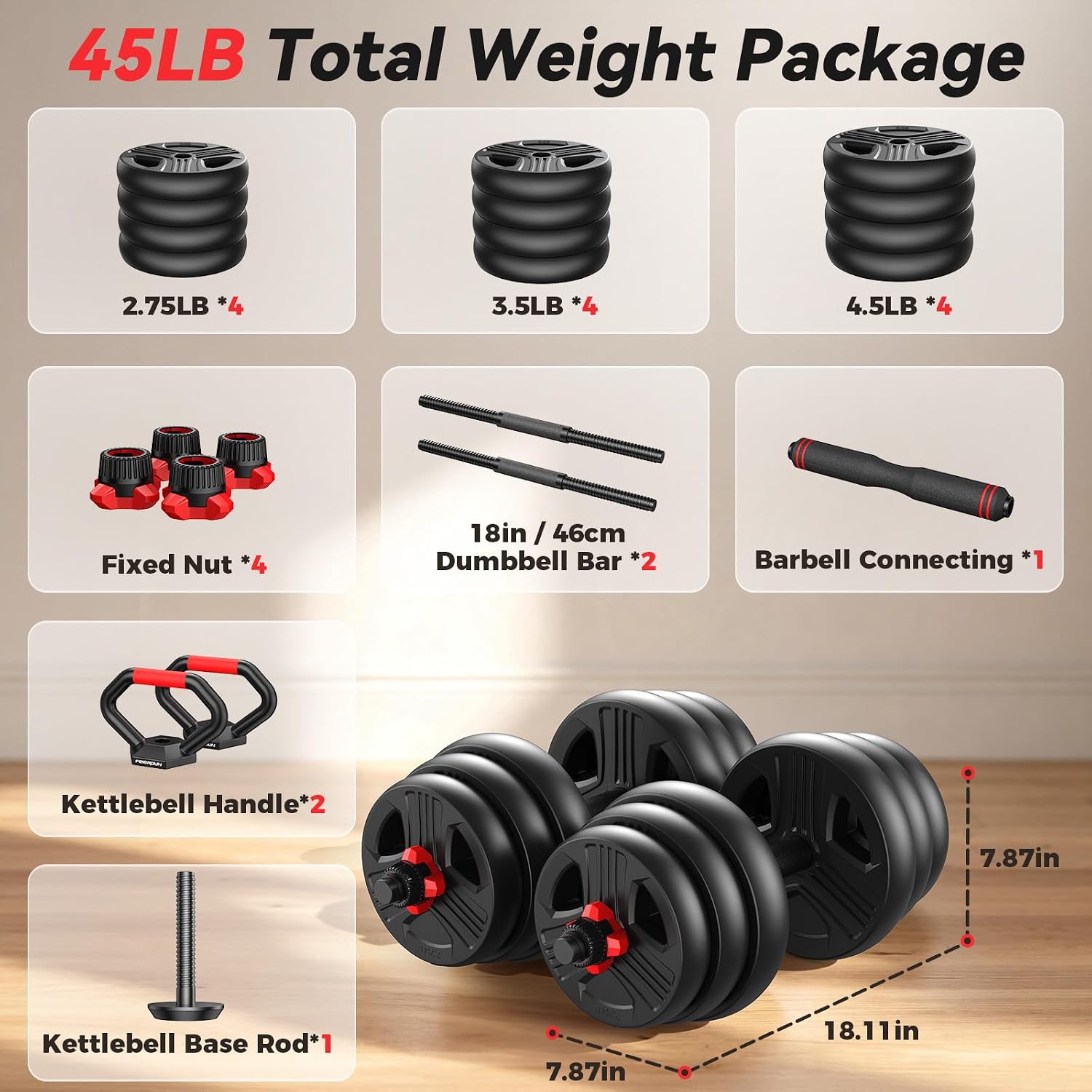 Adjustable dumbbell set,20/35/45/55/70/90lbs Free Weights set with upgraded nut, 5 in 1 Weight Set Used as Kettlebells, Barbell, Push up Stand, Fitness Exercise for Home Gym Suitable Men/Women - Image 8