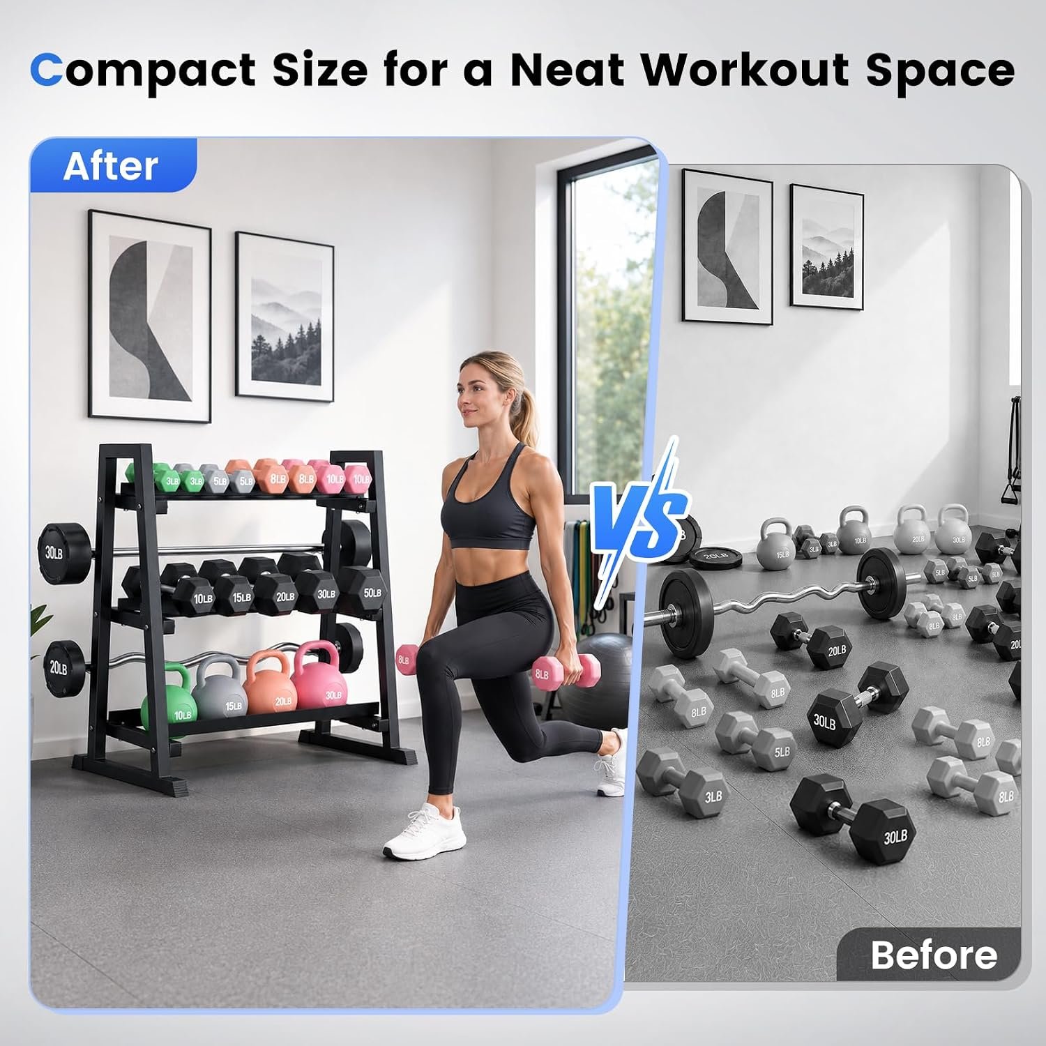 3 Tier Adjustable Dumbbell Rack, 1300LB Capacity Heavy Duty Weight Rack for Home Gym, Space-Saving Steel Kettlebell Rack for Dumbbells, Kettlebells, Barbells & Weight Plates (Rack Only) - Image 6