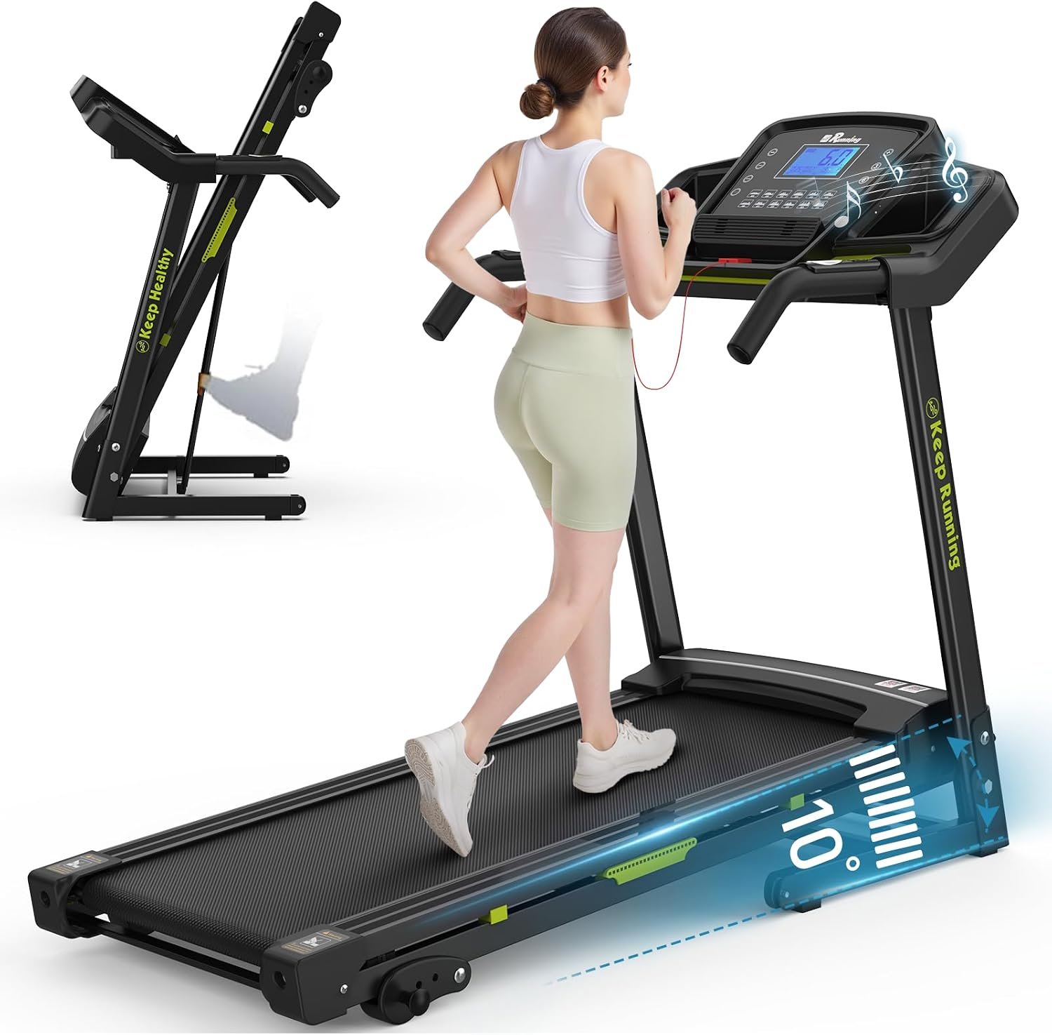 FYC Folding Treadmill for Home with Incline 330lb Weight Capacity 3.5HP Portable Electric Treadmill with Bluetooth, 12 Preset Programs Exercise Running Machine Easy Assembly (Green1)