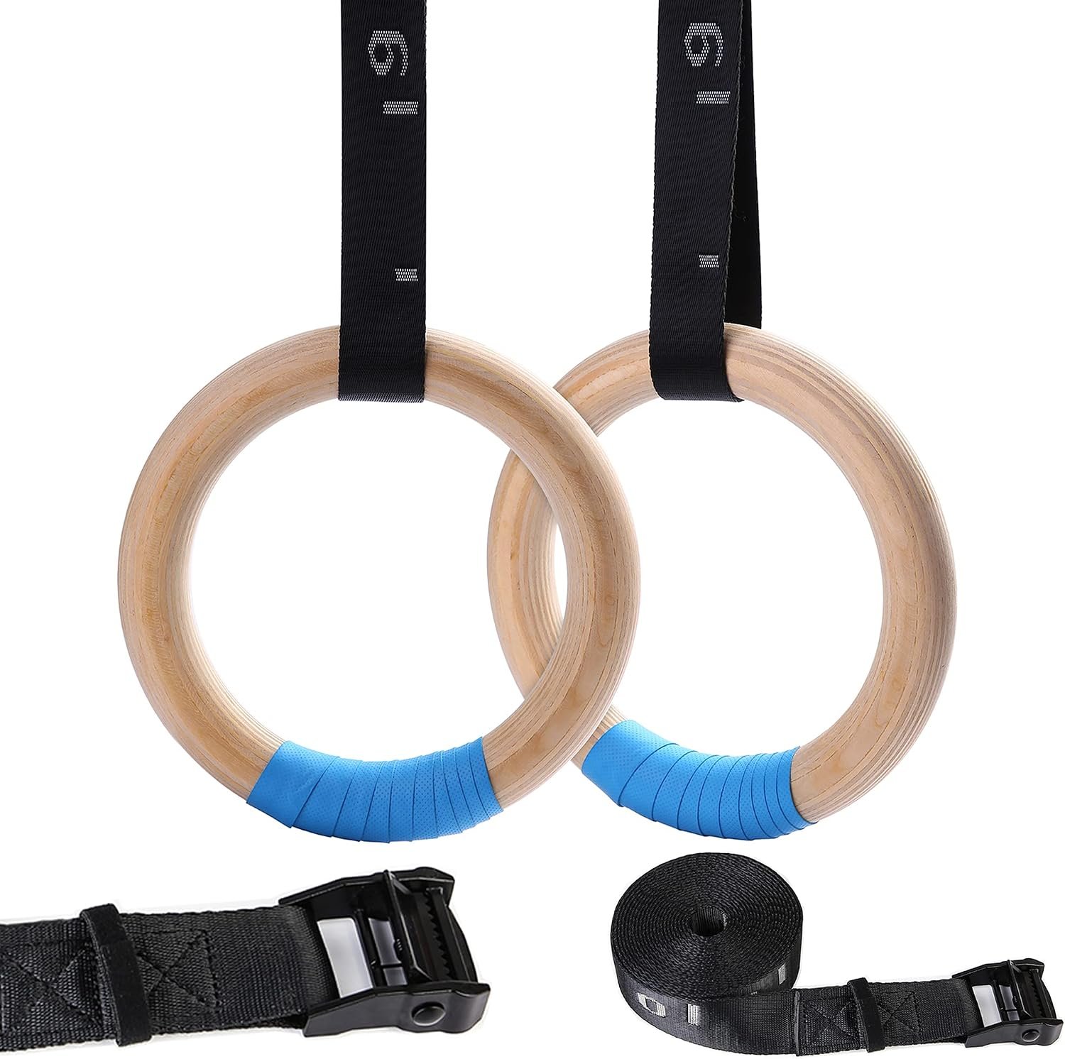 Wood Gymnastic Rings with Adjustable Number Suspension Trainer Straps with Cam Buckle 15ft Olympic Rings 32/28mm Heavy Duty 1543/992lbs for Pull Up Bar Workout Exercise Gym Hanging Rings Indoor - Image 2