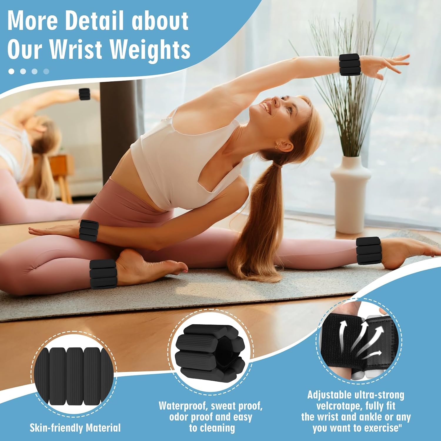 Wrist Weights Set of 2, Wearable Wrist Ankle Weights for Women & Men, Silicone Weighted Bangles Adjustable Arm and Leg Weights for Walking Yoga Pilates Running Dance Gym 2lb - Image 4