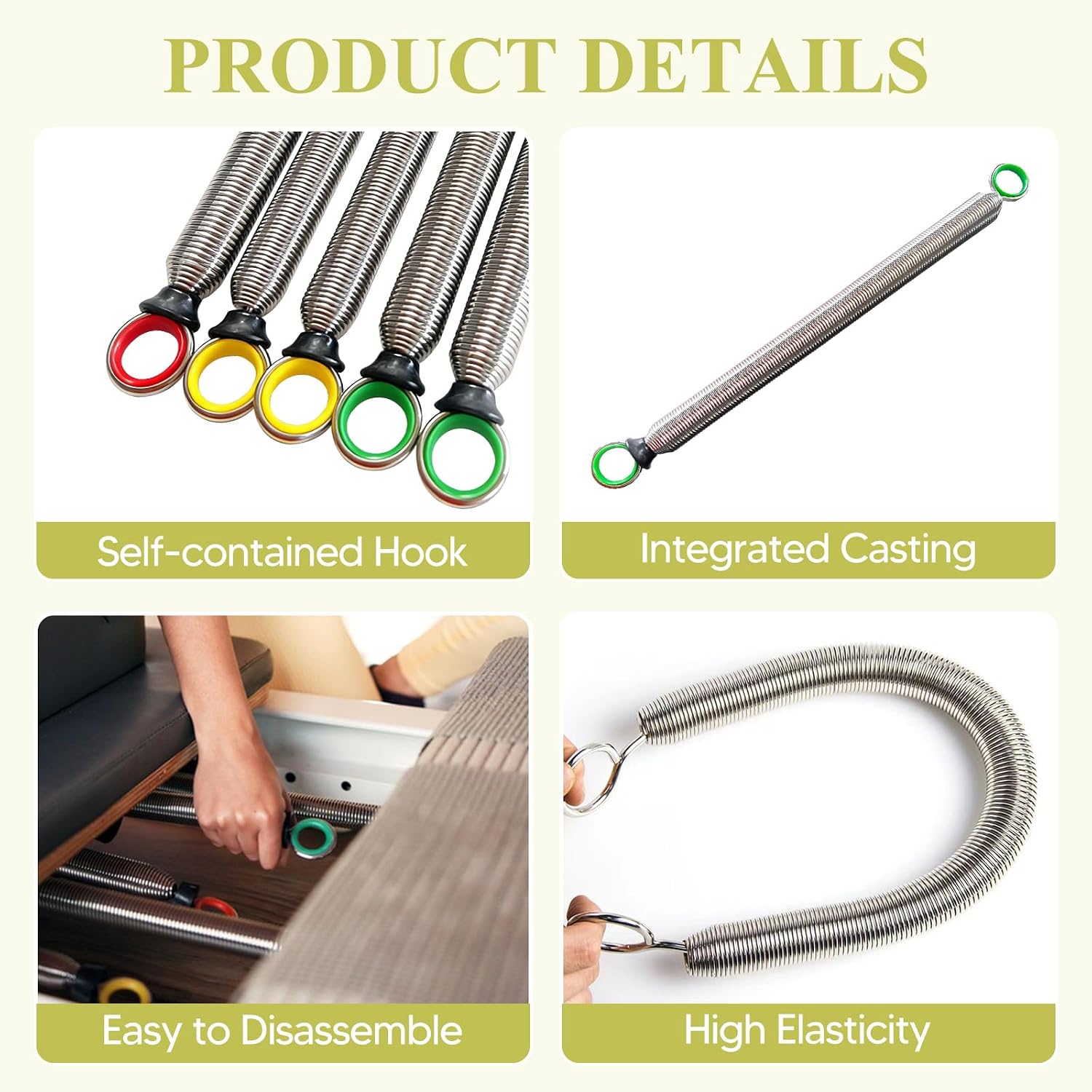 Colaxi 5-Piece Pilates Reformer Spring Set – Stainless Steel Replacement Springs for Home or Studio Pilates Bed, Color-Coded for Various Resistance Needs – Yellow, Red, Green - Image 3