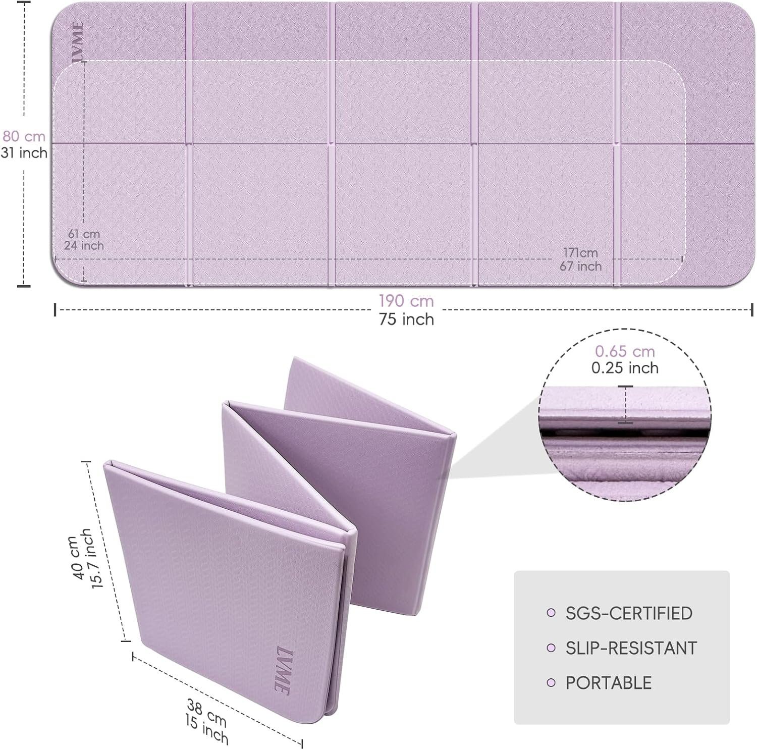 LVME Foldable Yoga Mat,(75"x31.5")Extra Large Travel Mat - Image 5