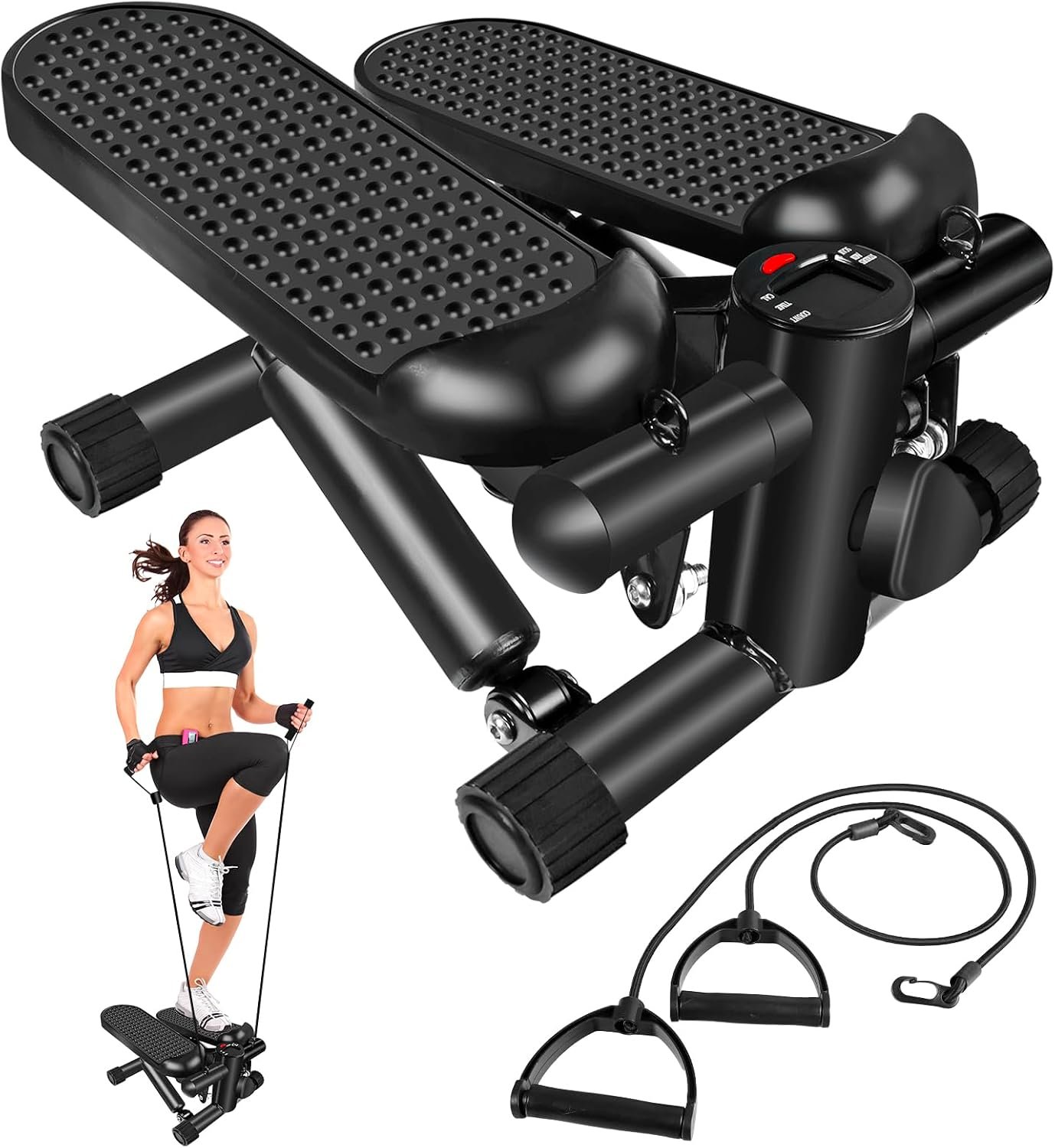 Hydraulic Fitness Stepper with LCD Monitor - Mini Stepper and Resistance Bands