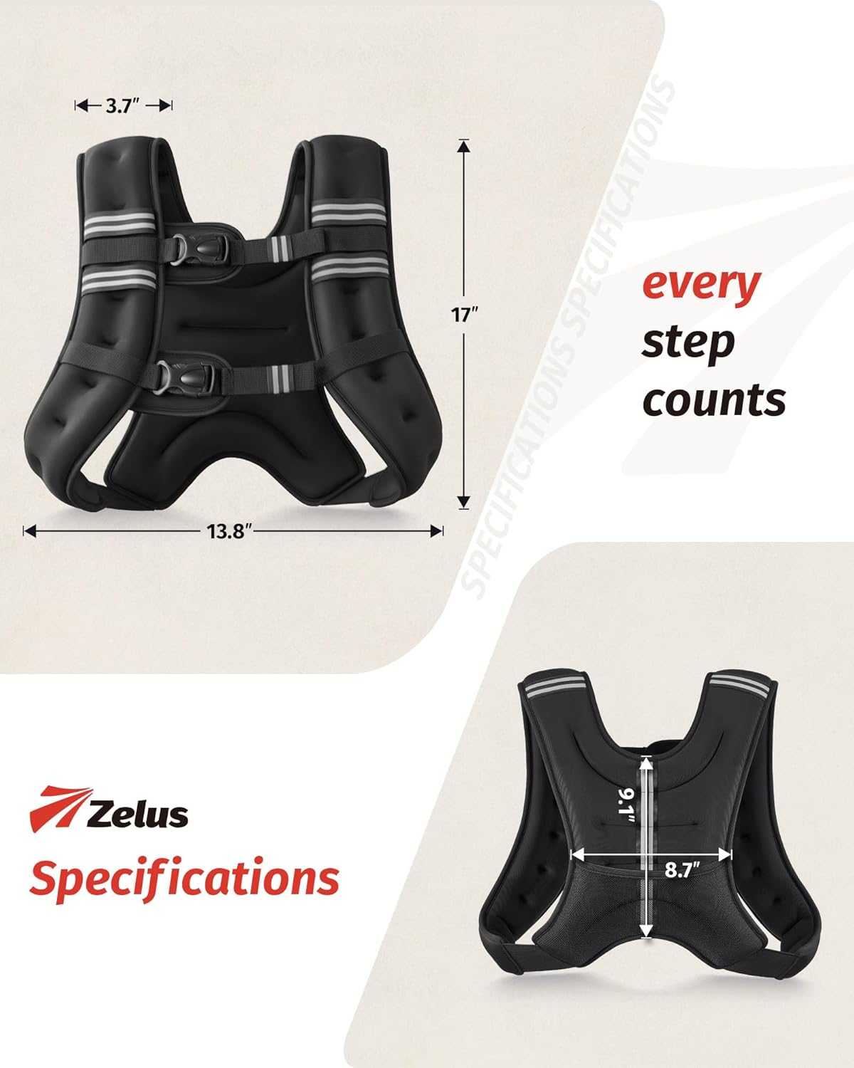 ZELUS Weighted Vest, 6lb/8lb/12lb/16lb/20lb/25lb/30lb Weight Vest with Reflective Stripe for Workout, Strength Training, Running, Fitness, Muscle Building, Weight Loss, Weightlifting - Image 8