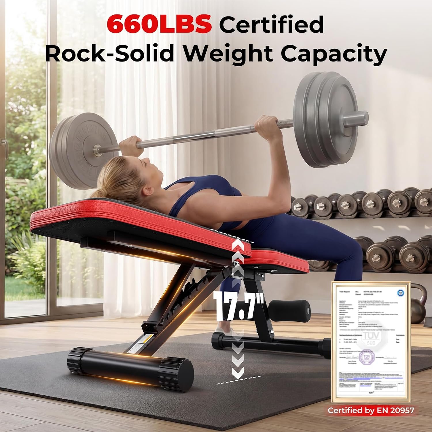 95% Pre-assemble Adjustable Weight Benches for Home Gym, 9 Backpad Positions Workout Bench, 660lb Compact Bench Press for Small Space(1Sec Fast Folding) - Image 3