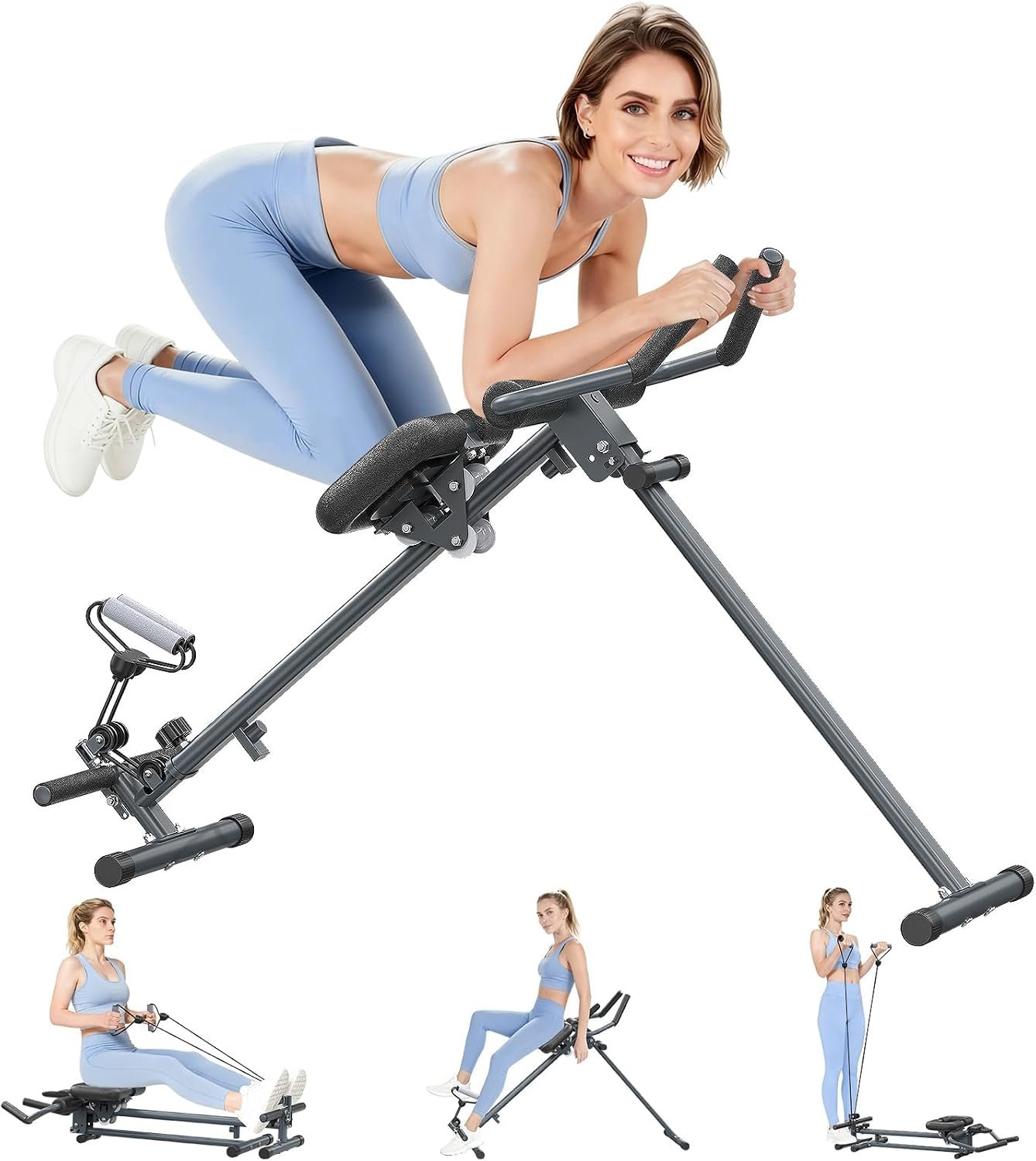 4-in-1 Rowing Machine, Ab Machine – Foldable Full Body Workout Equipment with Resistance Bands for Home Cardio, Strength, and Core Training – Black