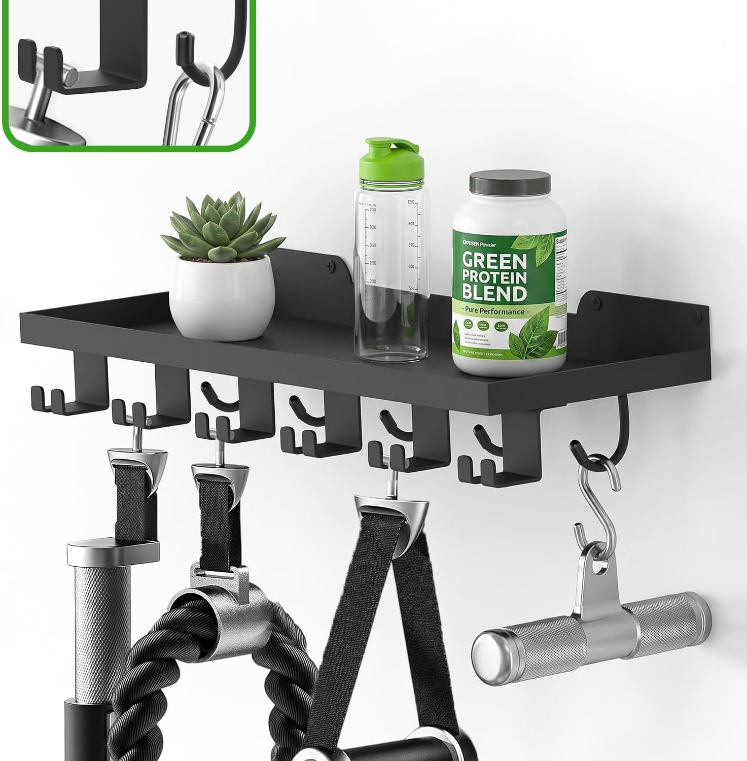16.9x6 Inch Metal Shelf Compatible with Tonal Accessories, Floating Shelf Organizer for Home Gym Storage, 5 T-Lock Adapters Bracket Hanger, Gym Rack Wall Mounted with Hooks, Black Workout Holder