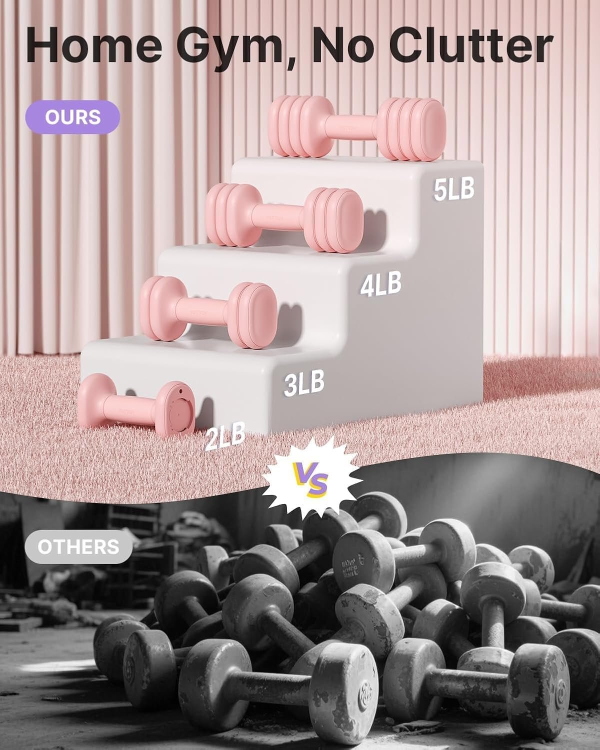 YOTTOY Adjustable Dumbbell Set of 2, 4-in-1 Hand Weights for Women at Home, Compact Free Weights Dumbbells Set with Soft Grip and Base, 2-5 lbs Each for Home Gym - Image 6