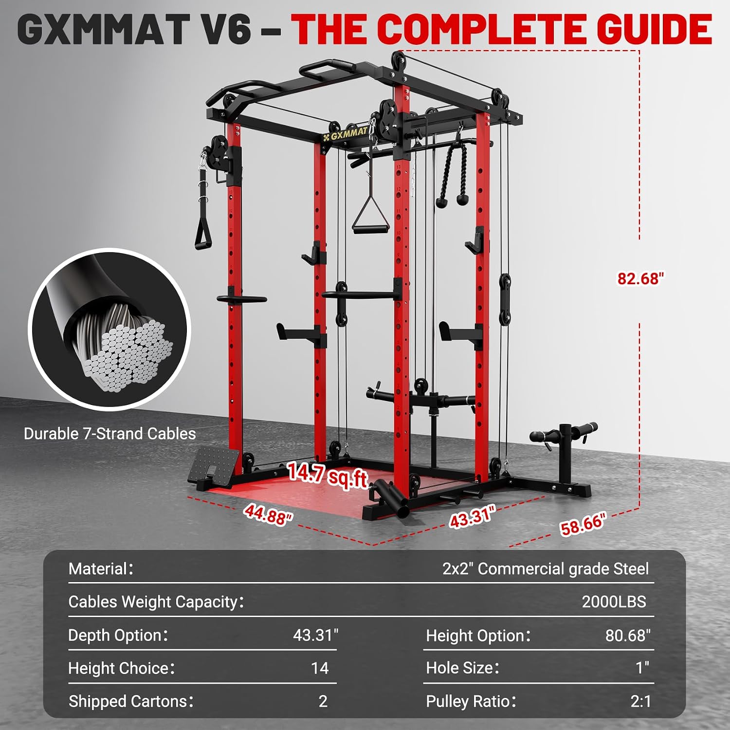 GXMMAT V6 Power Rack with Cable Crossover System, Multi-Function Garage Power Cage, 2000LBS Squat Rack for Home Gym, Weight Strength Training Cage, Workout Cage with More Attachments - Image 4