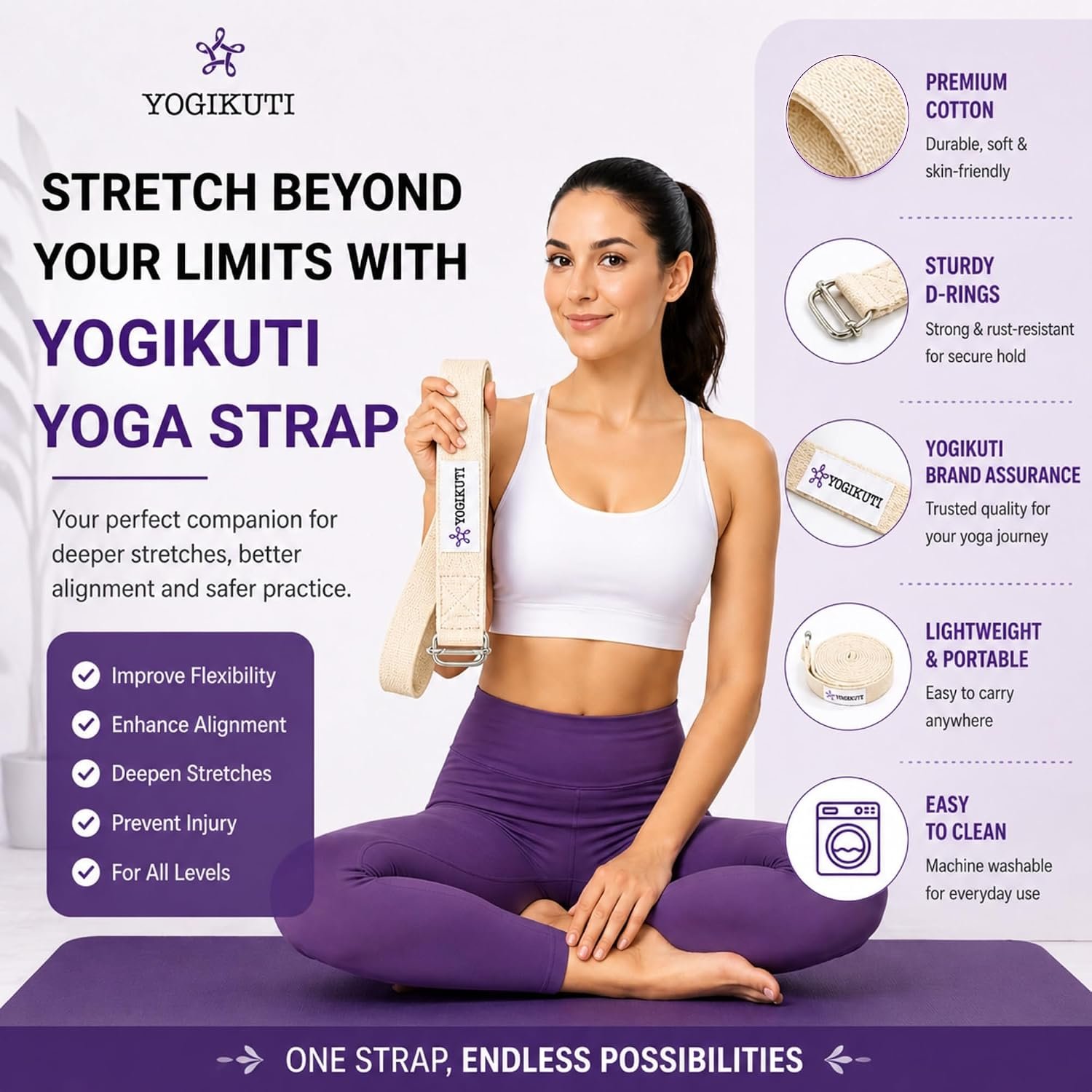 Yogikuti Premium Cotton Yoga Strap | Adjustable Yoga Belt for Stretching, Flexibility, Balance & Alignment | Yoga Accessories for Beginners, Pilates, Meditation, Exercise, Fitness & Physical Therapy - Image 3