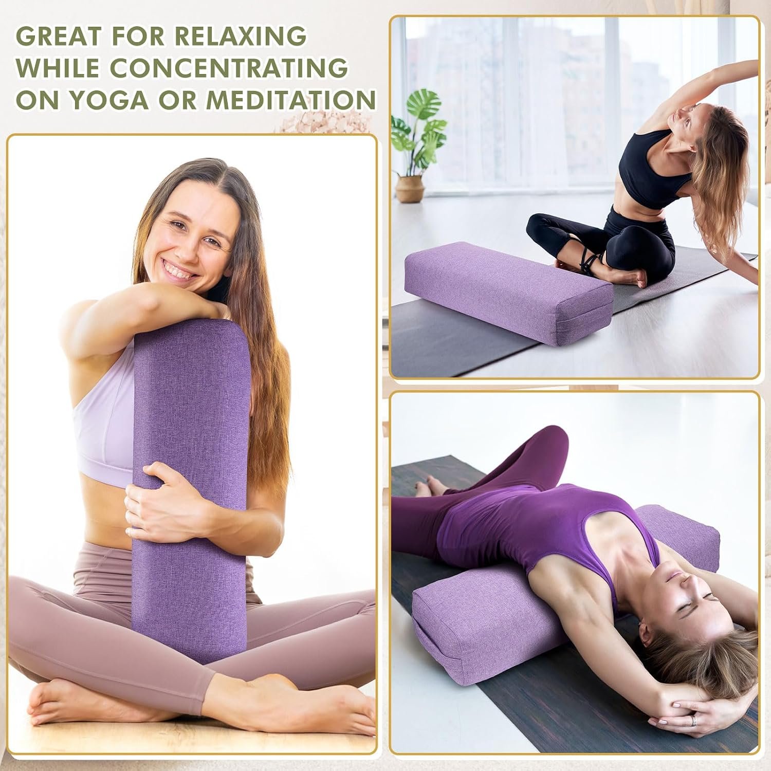Suzile 3 Pack Yoga Bolster Pillow for Restorative 25" x 9" x 5" Meditation Pillow Rectangular Lightweight Yoga Pillow Cushion with Handle, Washable Cover Yoga Accessories - Image 5