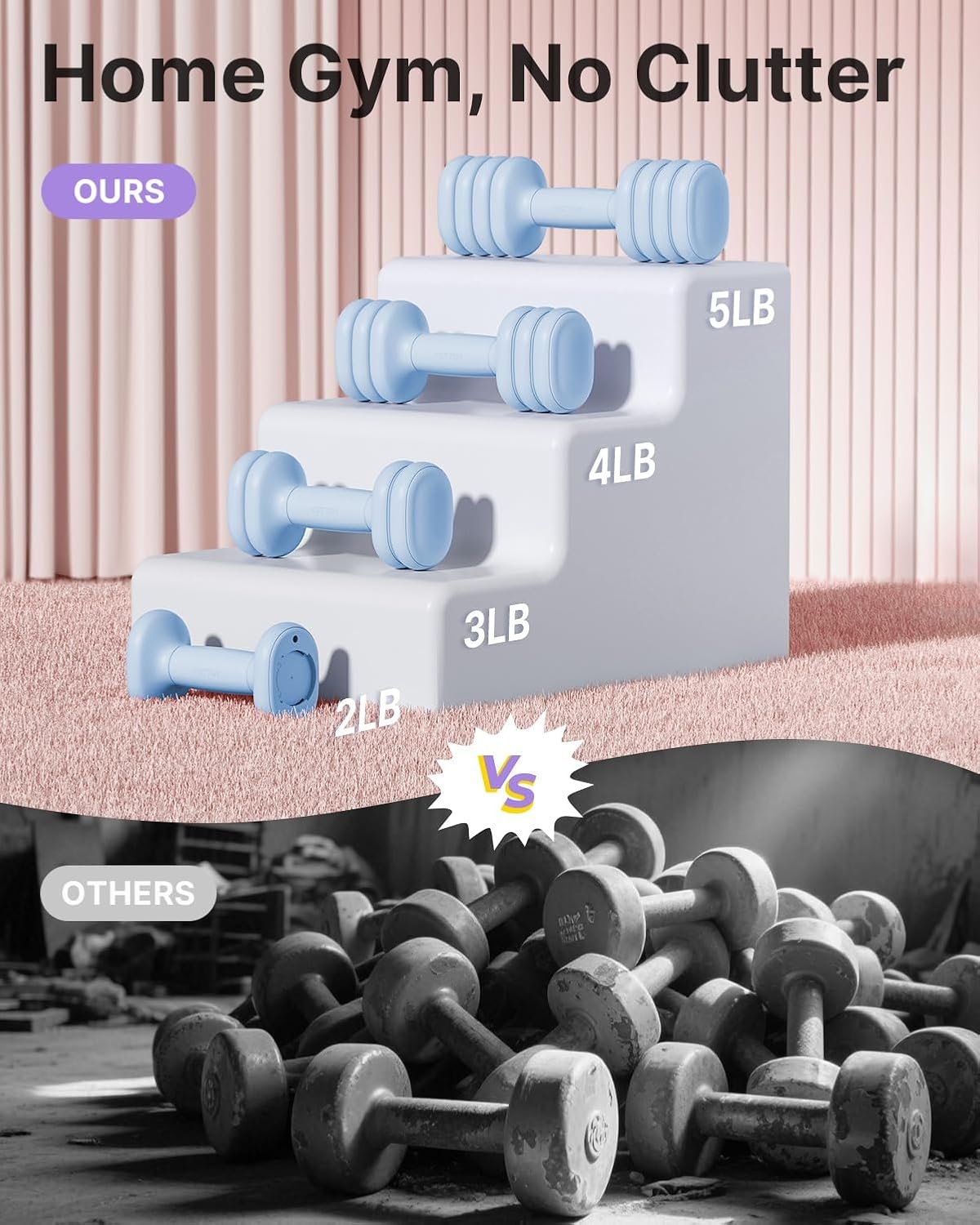 YOTTOY Adjustable Dumbbell Set of 2, 4-in-1 Hand Weights for Women at Home, Compact Free Weights Dumbbells Set with Soft Grip and Base, 2-5 lbs Each for Home Gym - Image 4