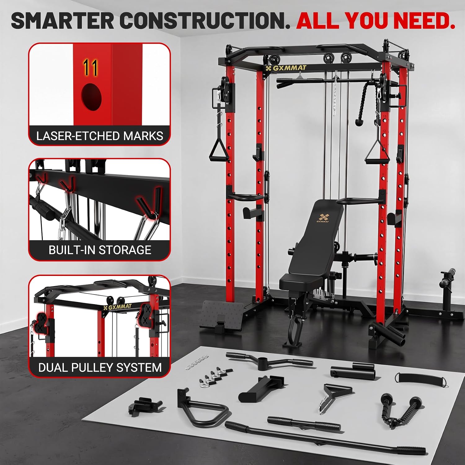 GXMMAT V6 Power Rack with Cable Crossover System, Multi-Function Garage Power Cage, 2000LBS Squat Rack for Home Gym, Weight Strength Training Cage, Workout Cage with More Attachments - Image 5