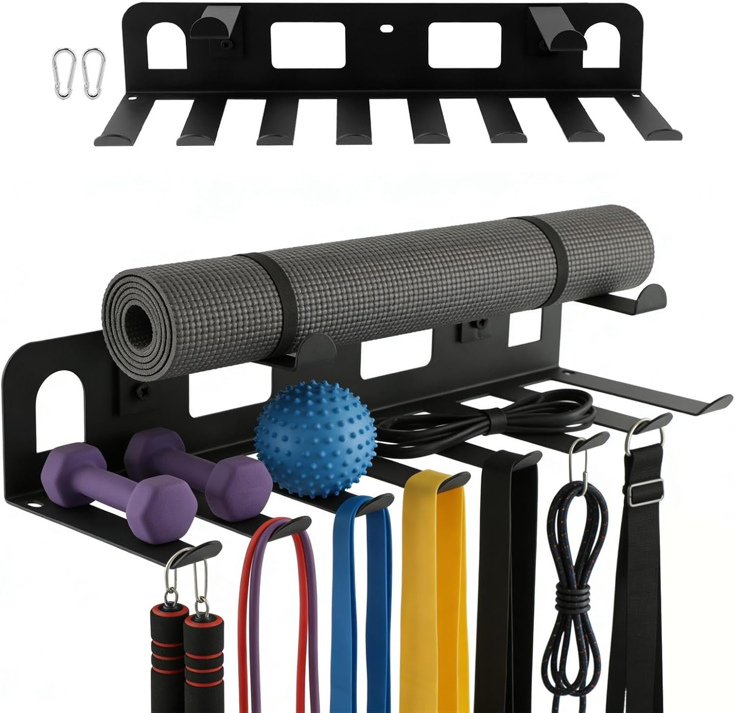 Wall Mounted Gym Equipment Storage Rack, Heavy Duty Steel Organizer with Top Floating Shelf, 2-Tiers Holding for Yoga Mat, Resistance Bands, Jump Ropes and Lifting Belts, Black