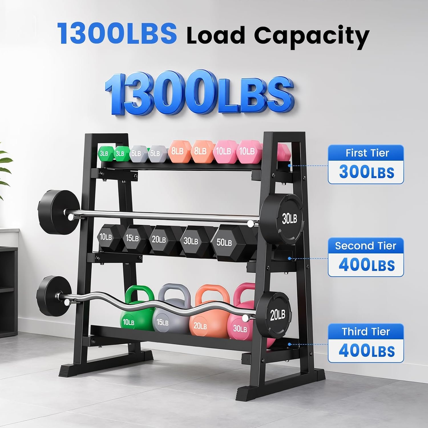 3 Tier Adjustable Dumbbell Rack, 1300LB Capacity Heavy Duty Weight Rack for Home Gym, Space-Saving Steel Kettlebell Rack for Dumbbells, Kettlebells, Barbells & Weight Plates (Rack Only) - Image 3