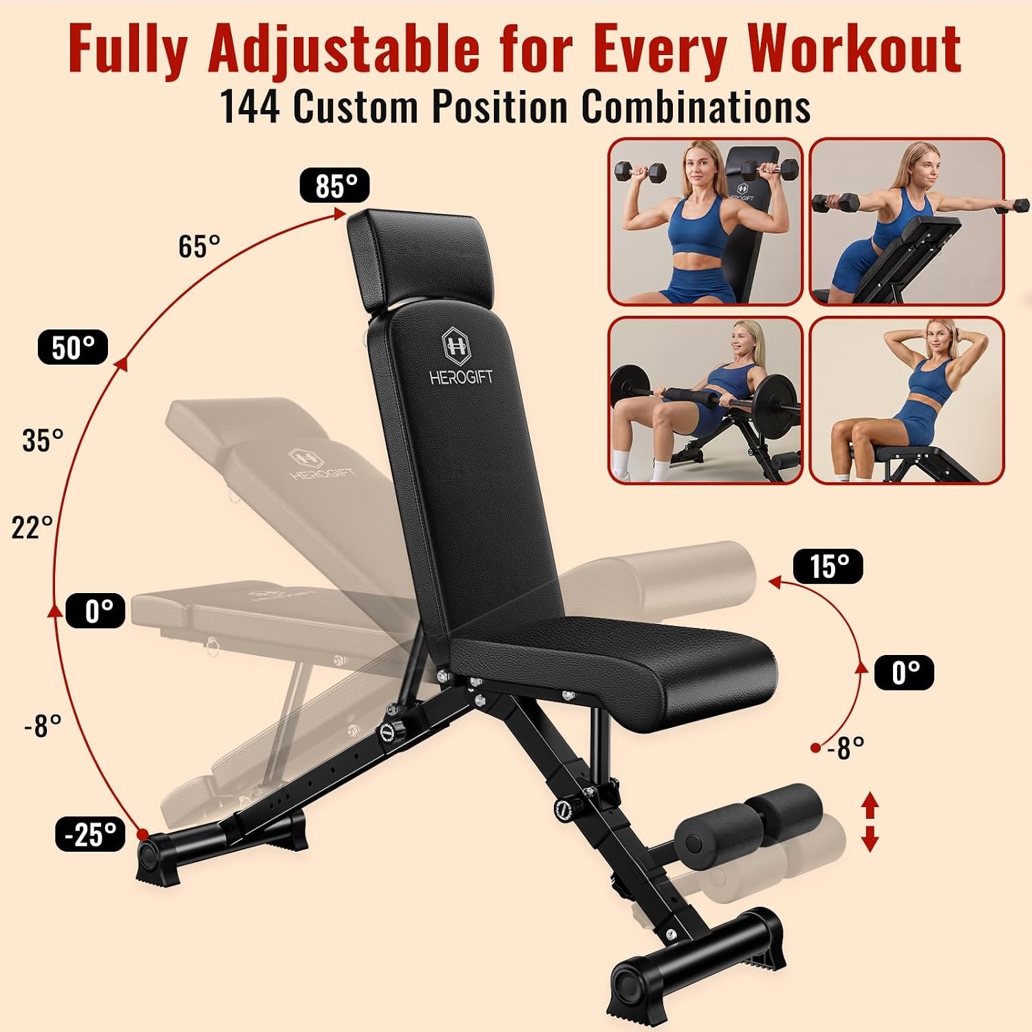 HEROGIFT Adjustable Weight Bench, 600 LB Capacity with Headrest - Image 5