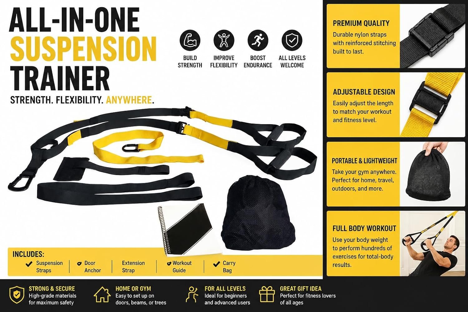 Grahams Club Suspension Trainer Kit, Bodyweight Resistance Training Straps with Door Anchor, Extension Strap and Carry Bag, Full Body Home Gym Workout Equipment for Men and Women, Calisthenics Straps - Image 2
