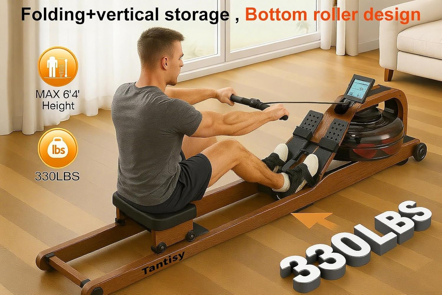 Foldable Rowing Machines for Home with Adjustable Large Water Tank & Comfortable Seat for Real Experience Immersive Water Rower, APP Link,Joint 0 Impact 330LBS Weight Capacity; - Image 9