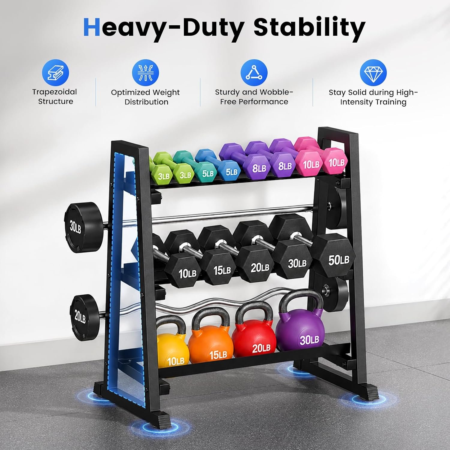 3 Tier Adjustable Dumbbell Rack, 1300LB Capacity Heavy Duty Weight Rack for Home Gym, Space-Saving Steel Kettlebell Rack for Dumbbells, Kettlebells, Barbells & Weight Plates (Rack Only) - Image 5