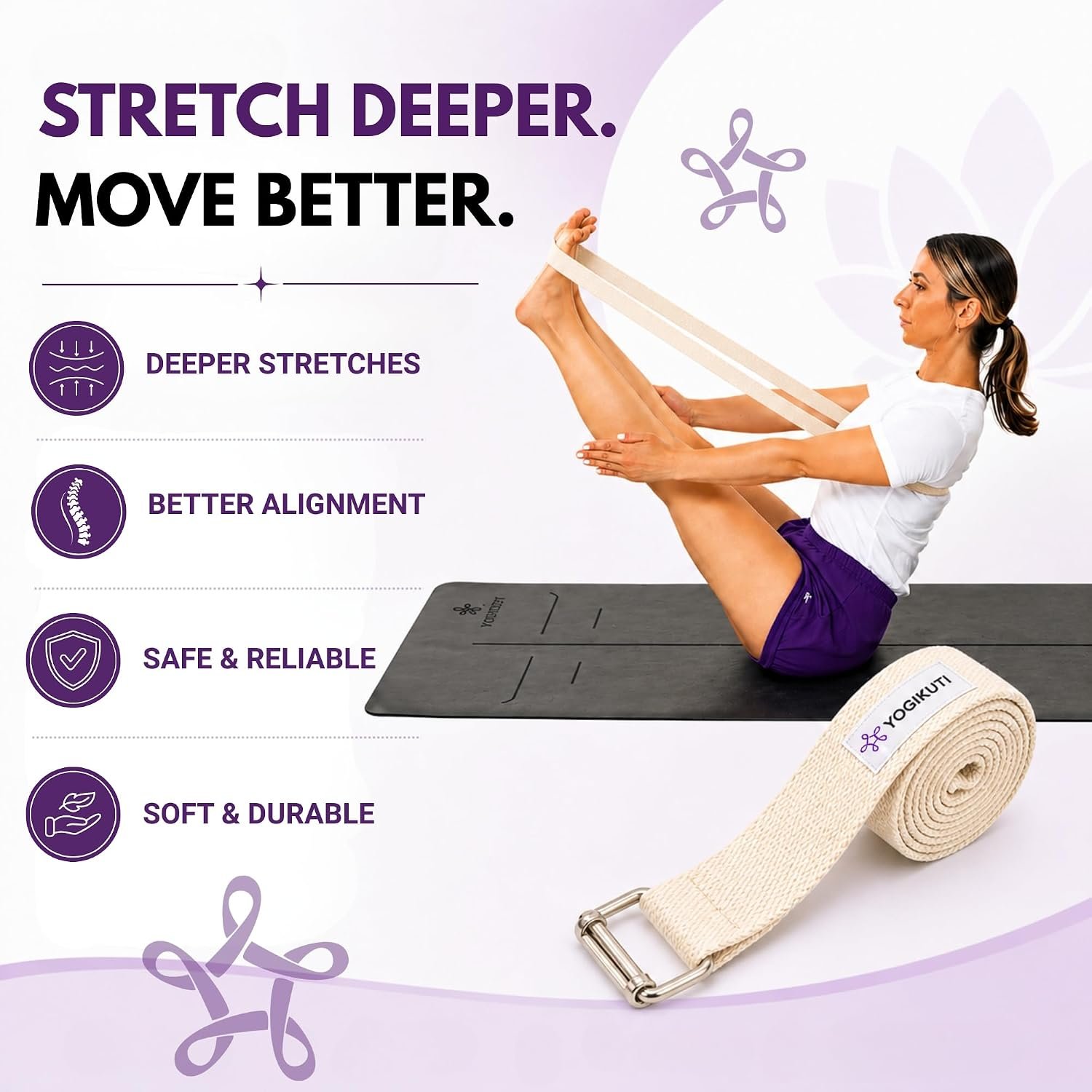Yogikuti Premium Cotton Yoga Strap | Adjustable Yoga Belt for Stretching, Flexibility, Balance & Alignment | Yoga Accessories for Beginners, Pilates, Meditation, Exercise, Fitness & Physical Therapy - Image 5
