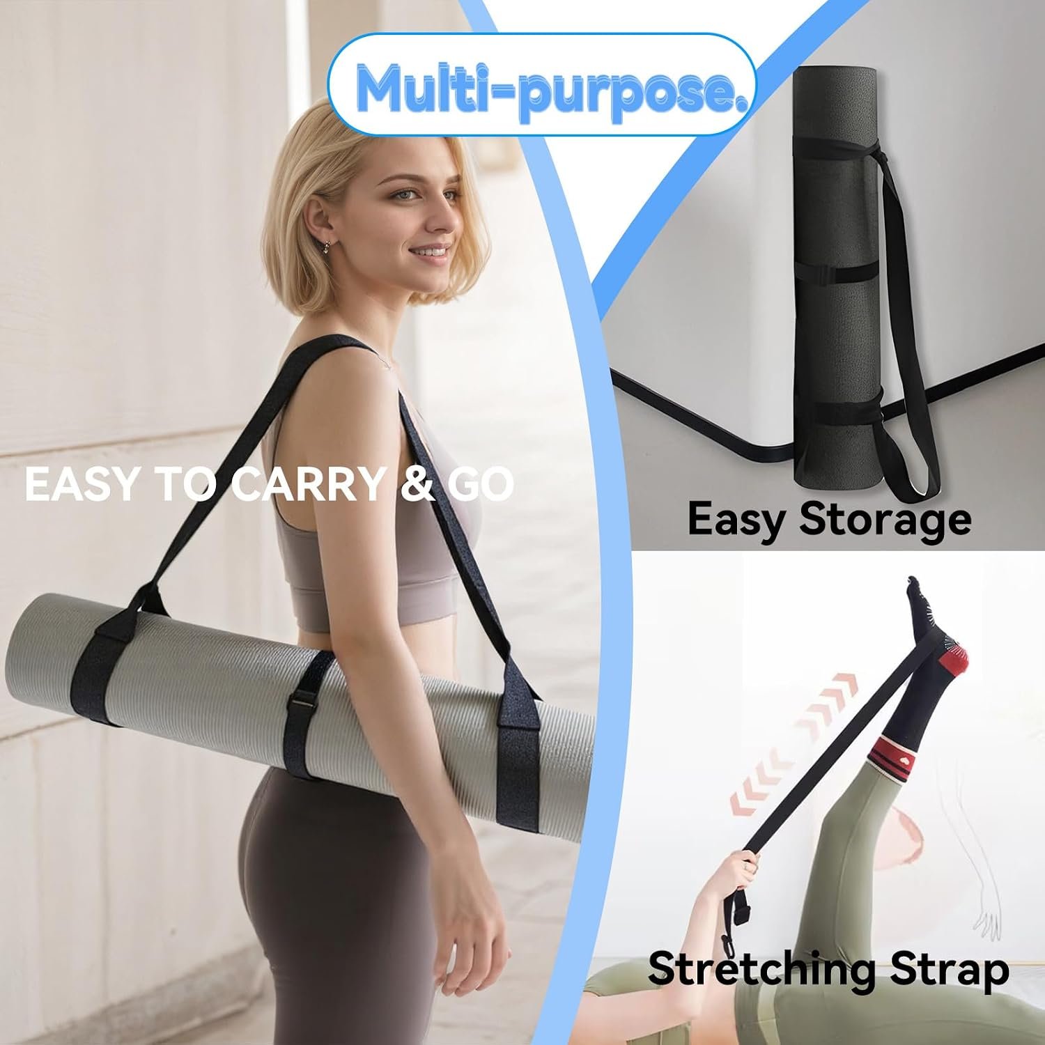 Adjustable Yoga Mat Strap Carrier, Thick Wide Yoga Mat Holder with Hook-and-loop fastener for yoga enthusiast, Travel Gym, Black Non-Slip Yoga Straps for Carrying Mats - Image 2