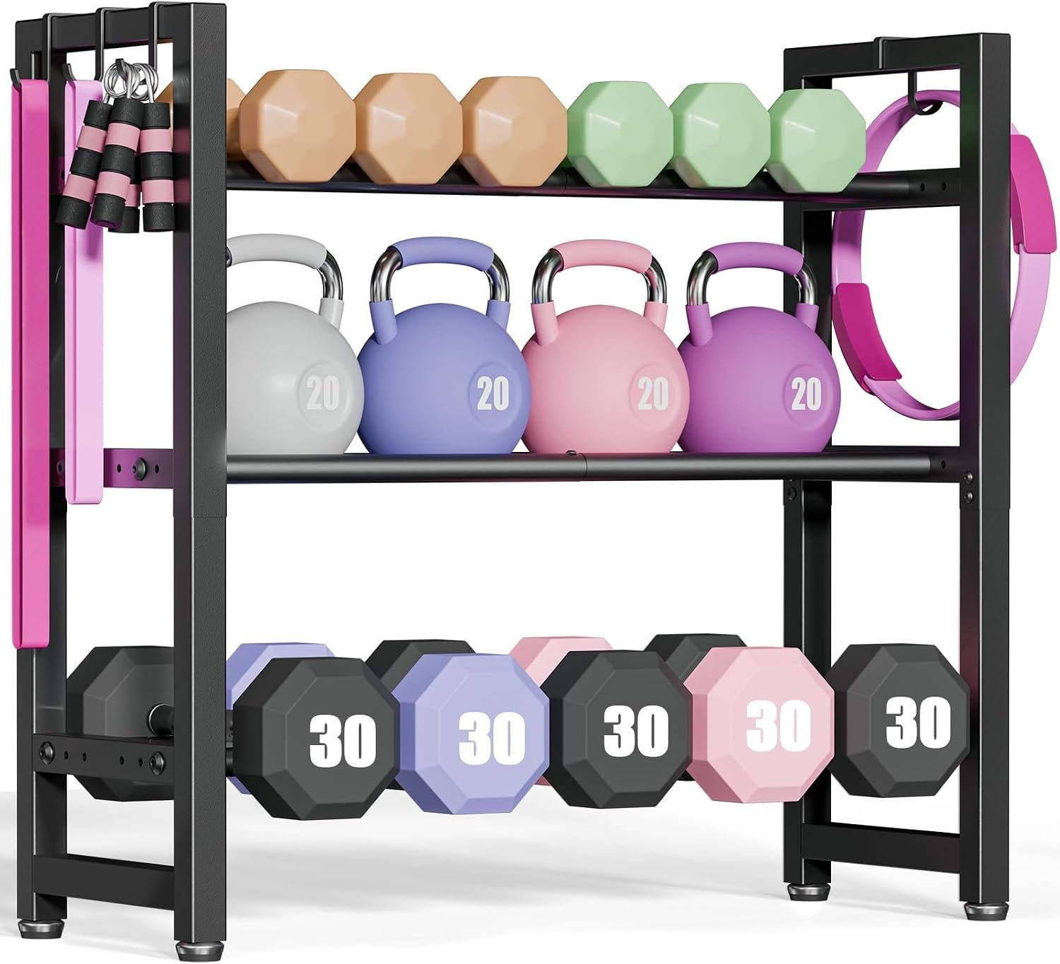 3-Tier Small Weight Rack for Home Gym, Adjustable Dumbbell Rack with Side Hooks, Space Saving Workout Equipment Storage Organizer, Tool-free Assembly