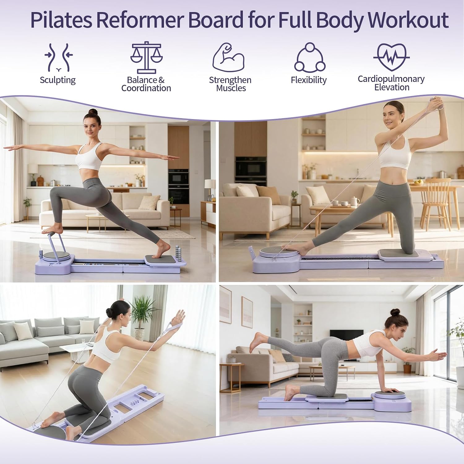 Pilates Reformer Board with 3 Adjustable Resistance, 60'' Foldable & Portable Pilates Machine for Home Use, Tool-Free Assembly, Includes Storage Box and 3 Yoga Socks (Purple) - Image 2