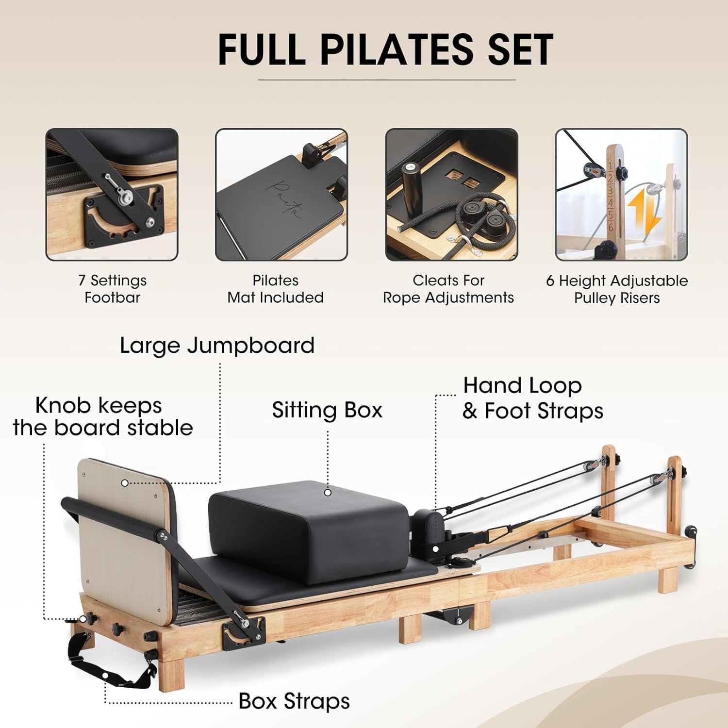 Pilates Reformer, PAETA 92" Wooden Pilates Reformer Machine with Springs, Pilates Machines for Home Use and Studio, Pilates Equipment with Sitting Box, Jump Board and Accessories - Image 5